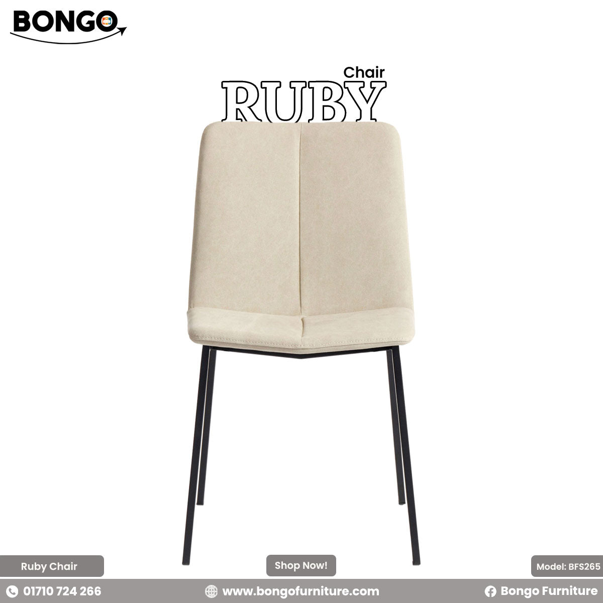 A promotional image of the 'Chair RUBY', a modern dining chair with a slim silhouette. The chair is upholstered in a light cream fabric and features a central vertical seam on its seat and back. It stands on four slender, angled black metal legs.