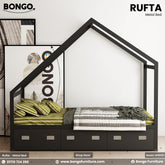 A black metal bed frame that resembles a house in design, with a mattress on it and drawers underneath. The brand Bongo is visible in the image.