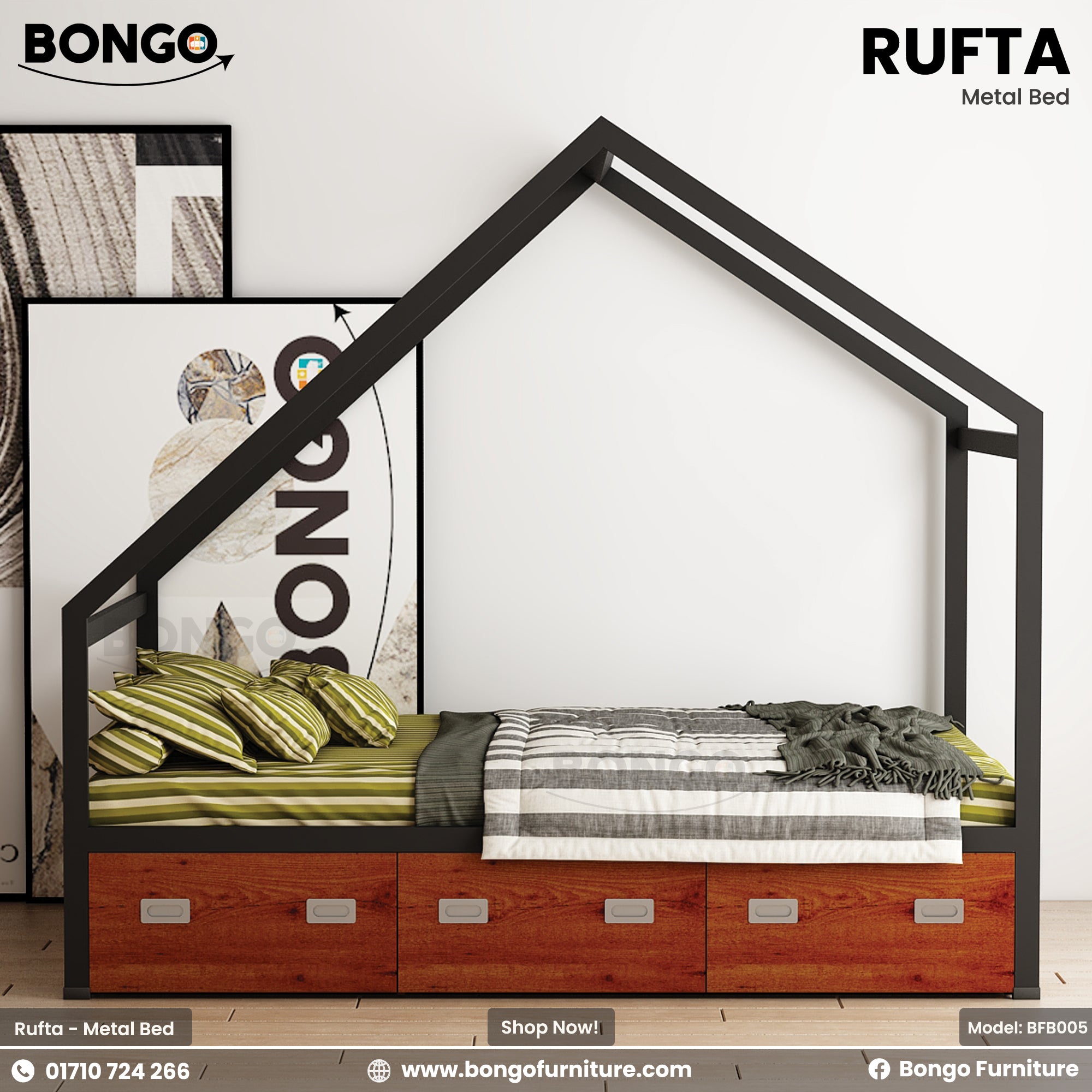 A black metal bed frame that resembles a house in design, with a mattress on it and drawers underneath. The brand Bongo is visible in the image.
