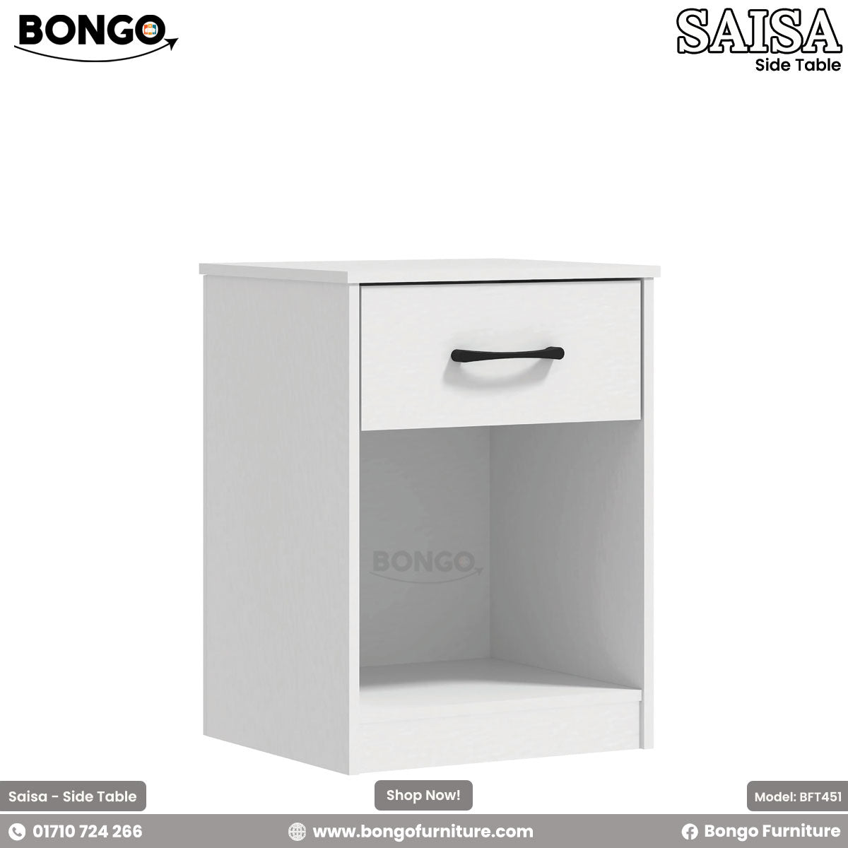 A white side table with a drawer and an open shelf, featuring a black handle, with the BONGO brand logo on the top right corner.
