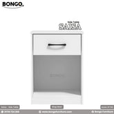 A white side table with a drawer and an open shelf, featuring a black handle, with the BONGO brand logo on the top right corner.