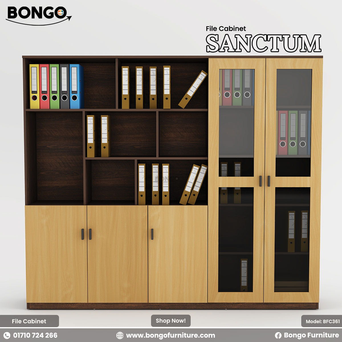 A promotional image of the "SANCTUM File Cabinet" by Bongo, shown from a high three-quarter angle. The large, modern office storage unit features a two-tone design with a dark wood-grain frame and light wood-grain doors. The cabinet is configured with a lower section of four cupboard doors, an upper section of open shelving, and a tall, two-door cabinet with tinted glass panels on the right side. The shelves are filled with colorful office ring binders to demonstrate its storage capacity.