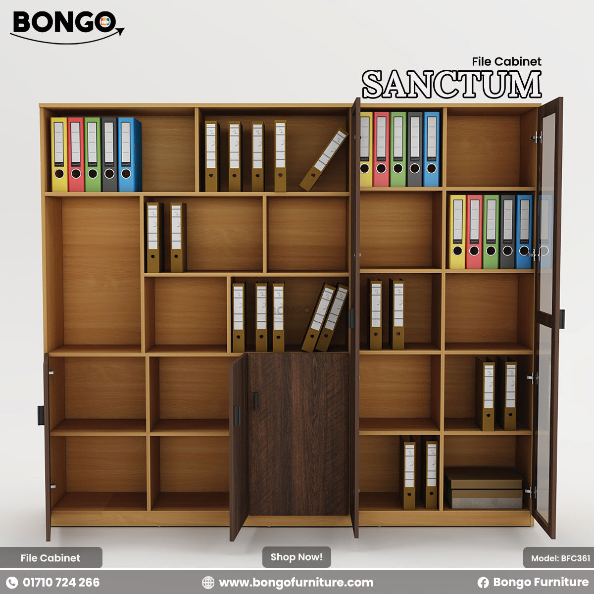 A promotional image of the "SANCTUM File Cabinet" by Bongo, shown from a three-quarter angle. The large, modern office storage unit features a two-tone design with a light wood-grain frame and dark wood-grain doors. The cabinet is configured with a lower section of four cupboard doors, an upper section of open shelving, and a tall, two-door cabinet with tinted glass panels and a lock on the right side. The shelves are filled with colorful office ring binders.