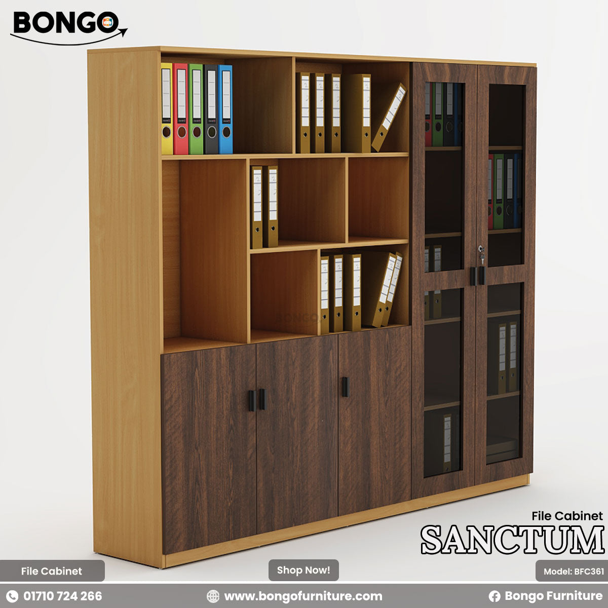 A promotional image of the "SANCTUM File Cabinet" by Bongo, shown from a three-quarter angle. The large, modern office storage unit features a two-tone design with a light wood-grain frame and dark wood-grain doors. The cabinet is configured with a lower section of four cupboard doors, an upper section of open shelving, and a tall, two-door cabinet with tinted glass panels and a lock on the right side. The shelves are filled with colorful office ring binders.