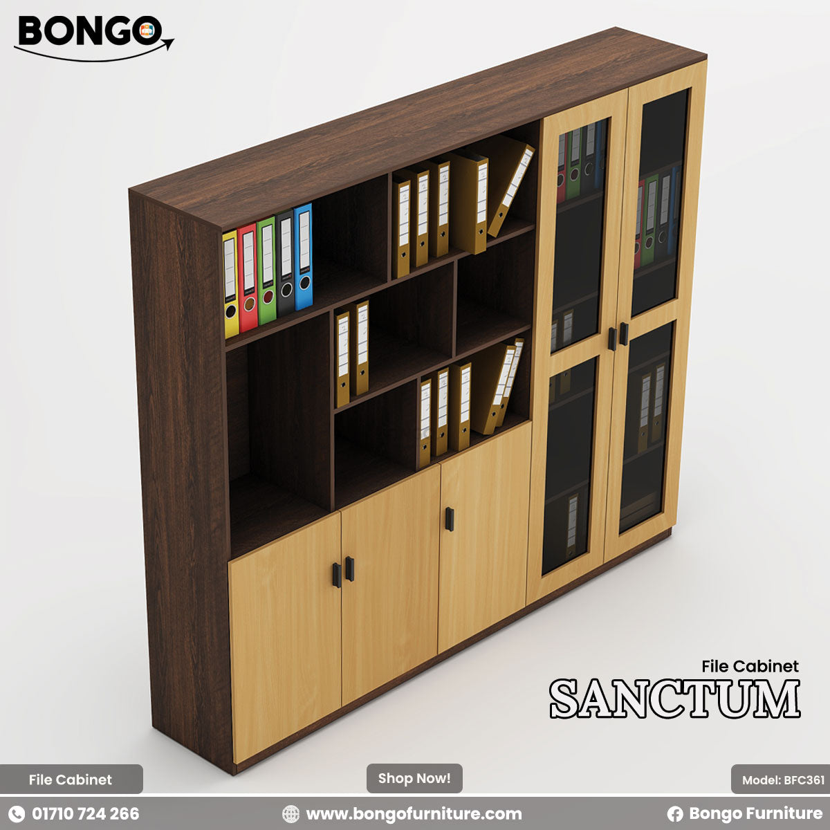 A promotional image of the "SANCTUM File Cabinet" by Bongo, shown from a high three-quarter angle. The large, modern office storage unit features a two-tone design with a dark wood-grain frame and light wood-grain doors. The cabinet is configured with a lower section of four cupboard doors, an upper section of open shelving, and a tall, two-door cabinet with tinted glass panels on the right side. The shelves are filled with colorful office ring binders to demonstrate its storage capacity.