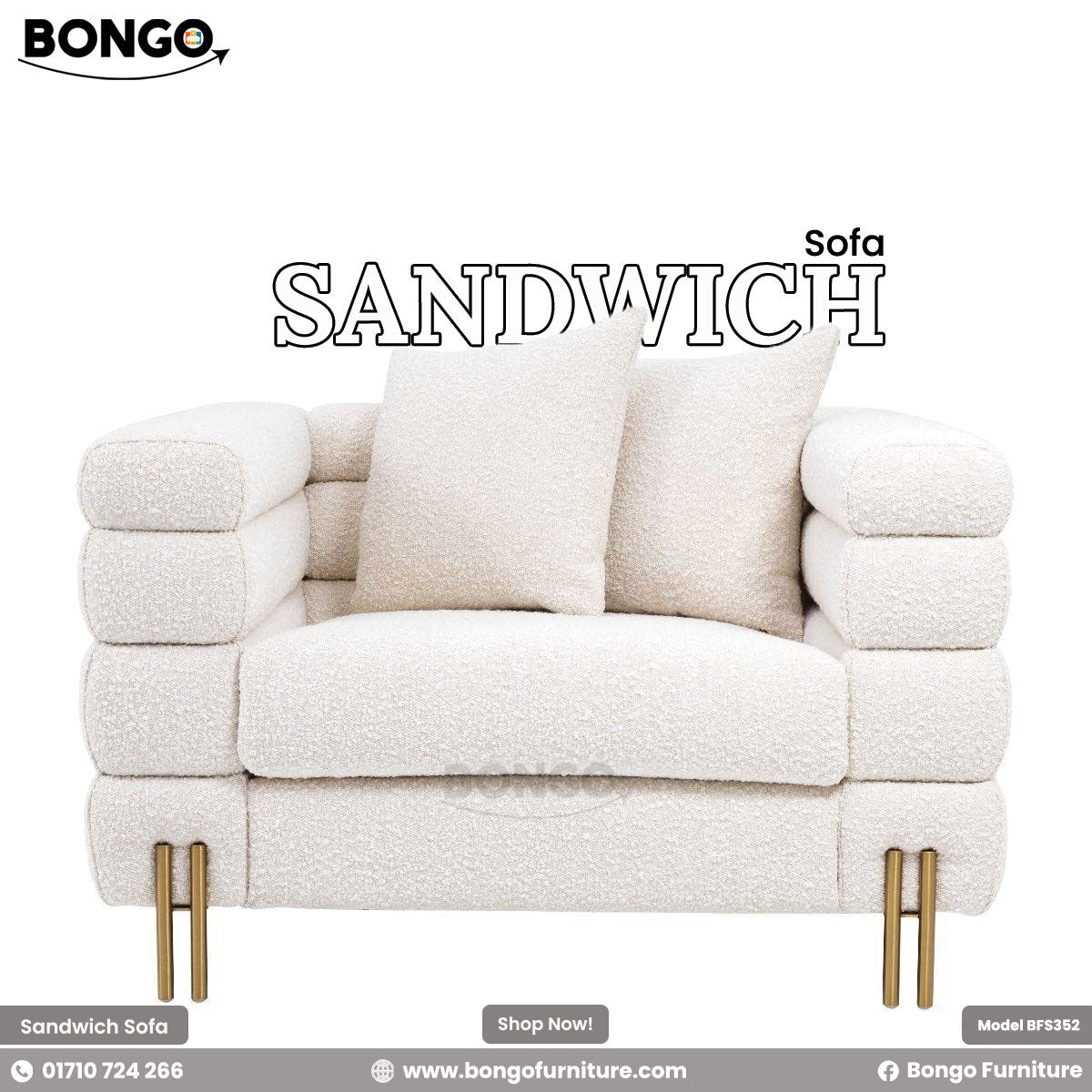 A white 'Sandwich Sofa' with foam armrests, metal legs, and text overlay with the product name and contact information for Bongo Furniture.
