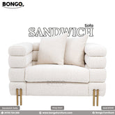 A white 'Sandwich Sofa' with foam armrests, metal legs, and text overlay with the product name and contact information for Bongo Furniture.