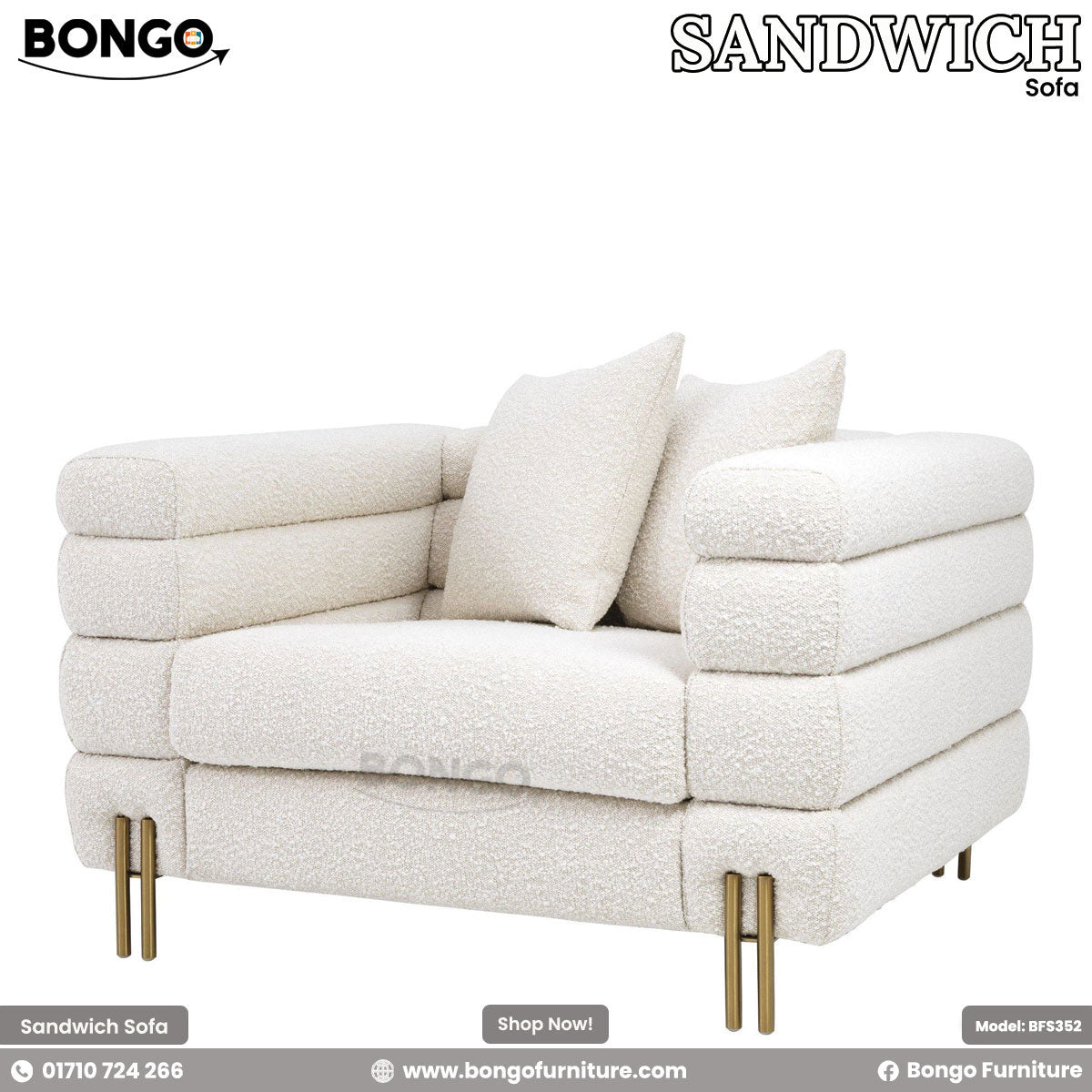 A modern loveseat upholstered in a textured, off-white boucle fabric, viewed from a three-quarters rear angle. The sofa's design is characterized by three large, horizontal channel-tufted sections that wrap around its low back and arms. It is supported by slim, gold-finished metal legs and is shown with two matching triangular throw pillows.