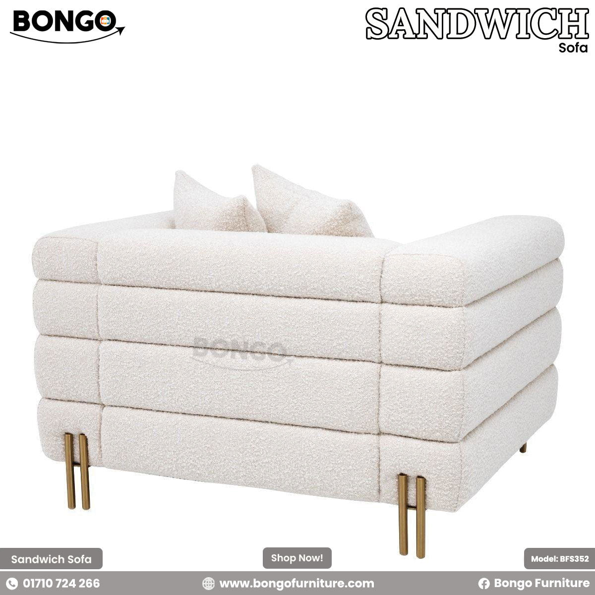 A modern loveseat upholstered in a textured, off-white boucle fabric, viewed from a three-quarters rear angle. The sofa's design is characterized by three large, horizontal channel-tufted sections that wrap around its low back and arms. It is supported by slim, gold-finished metal legs and is shown with two matching triangular throw pillows.