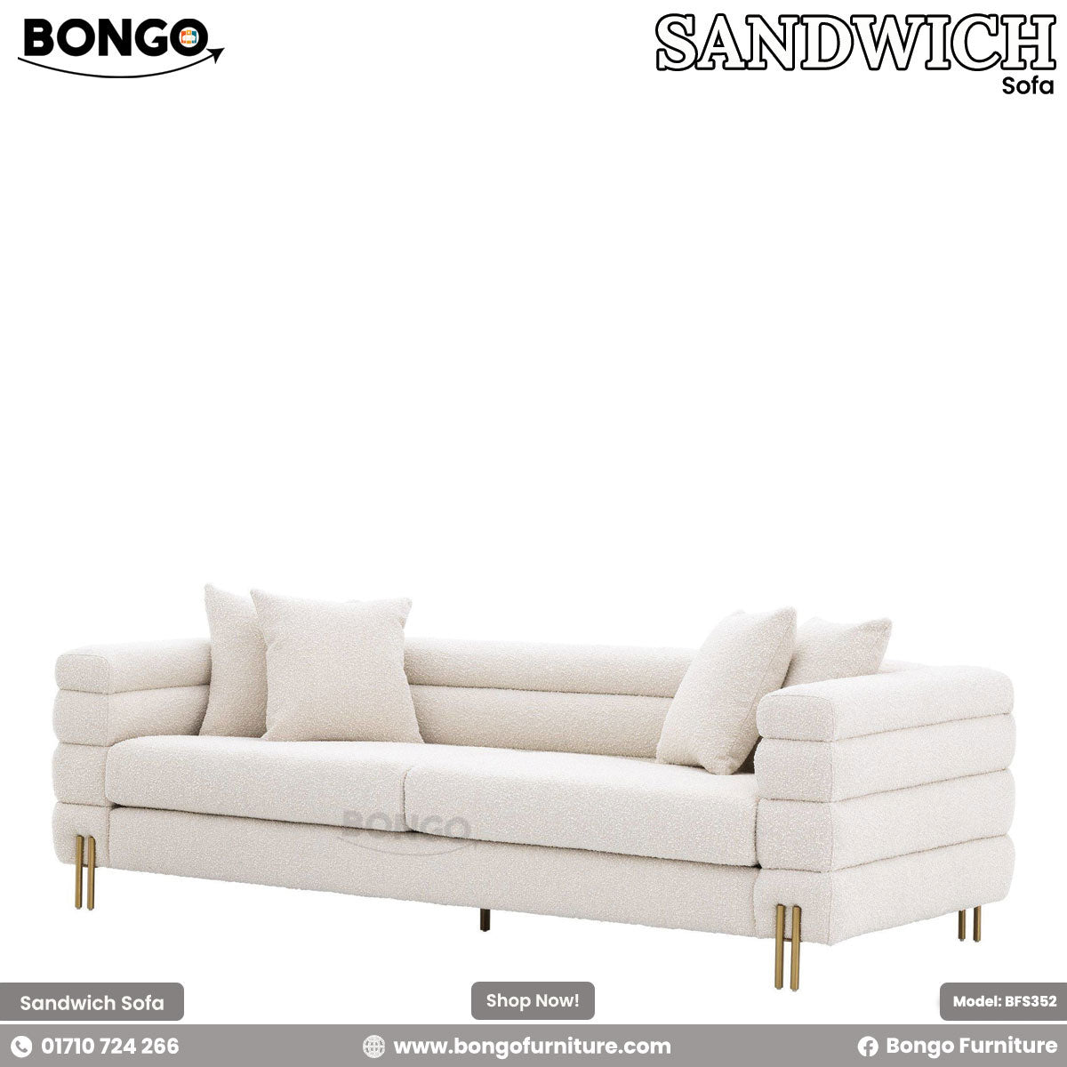 A modern three-seater sofa upholstered in a textured, off-white boucle fabric. The sofa's design is characterized by wide, horizontal channel tufting that wraps around its low back and arms. It is supported by slim, gold-finished metal legs and is shown with four matching throw pillows.