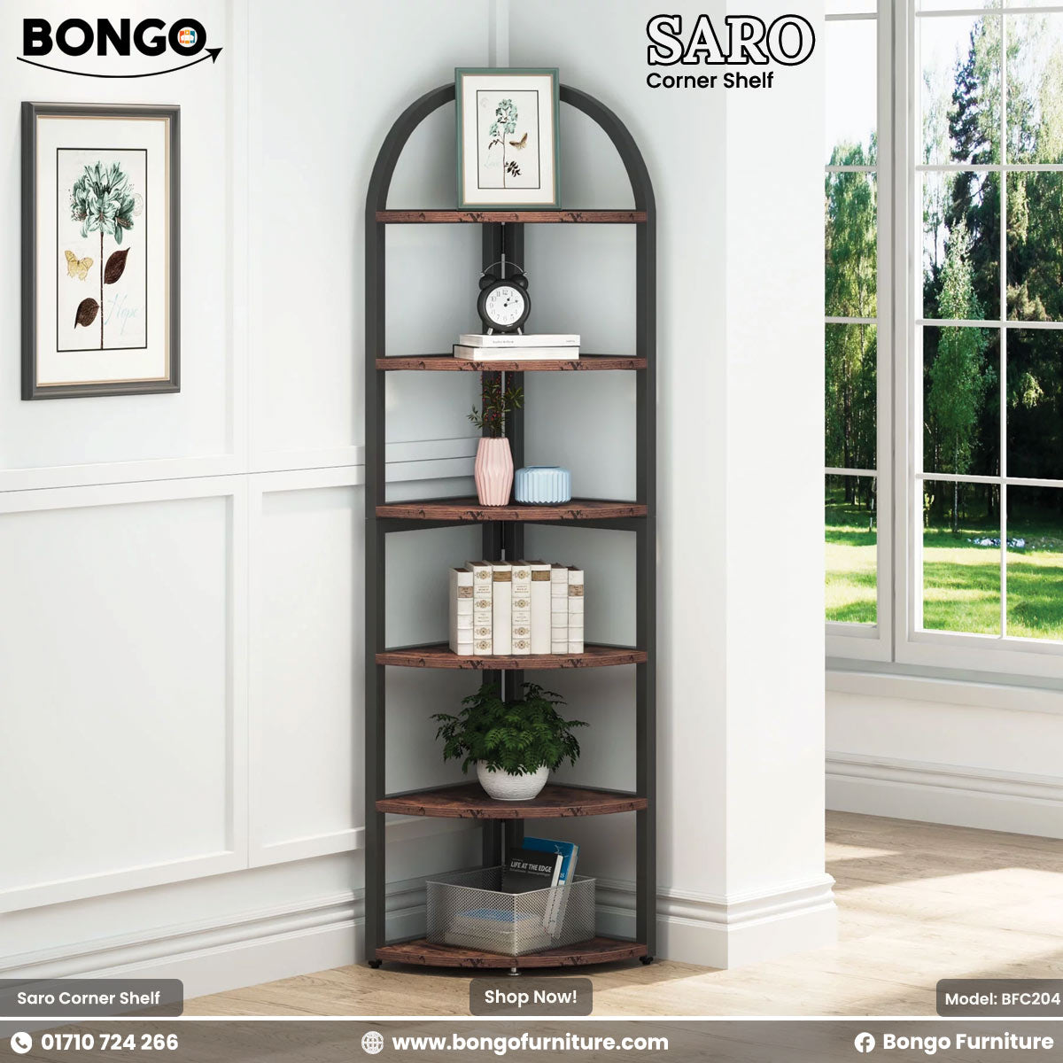 Corner shelf with decorative items in a room with a window and framed pictures.