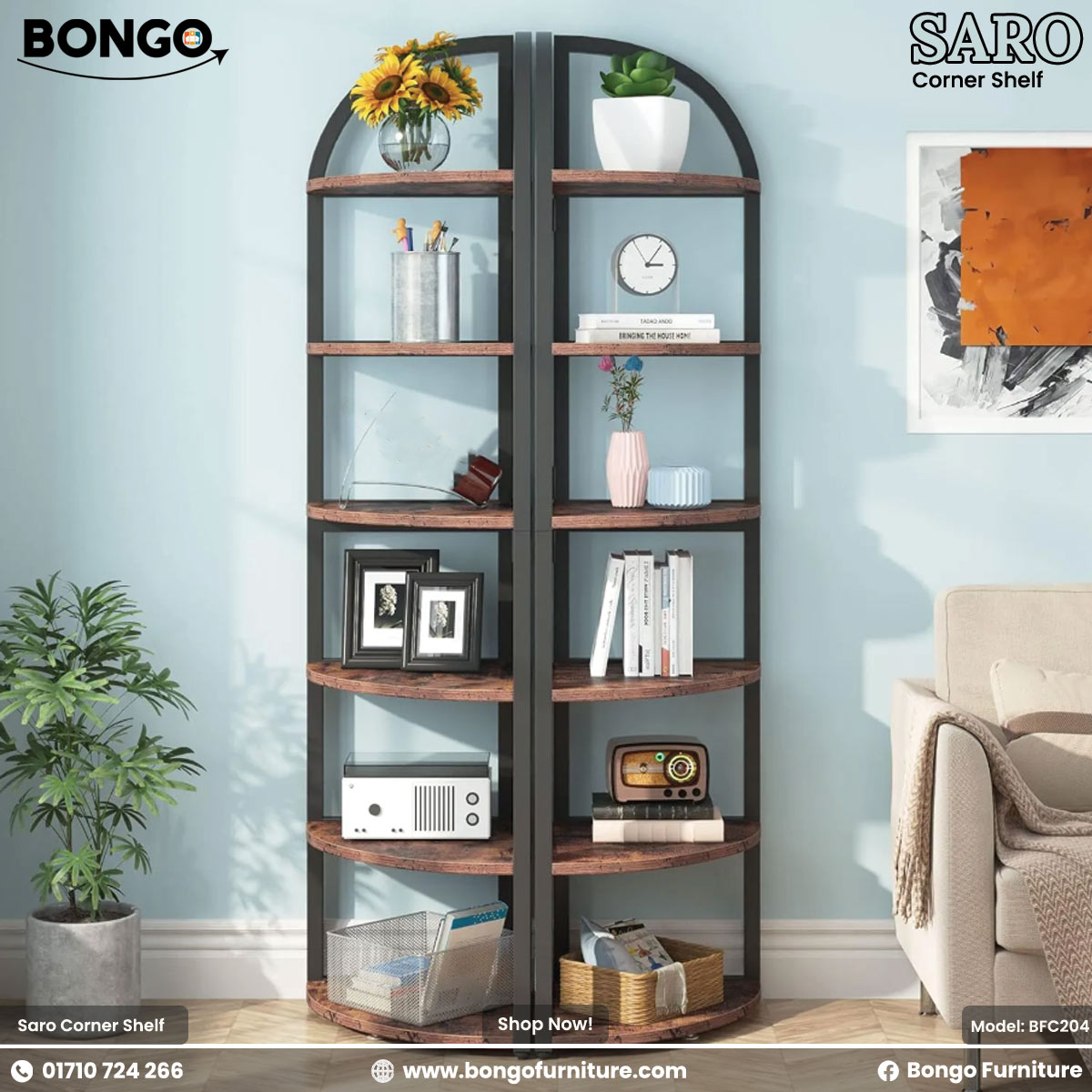 Corner shelf with decorative items against a light blue wall, featuring Bongo Furniture branding.