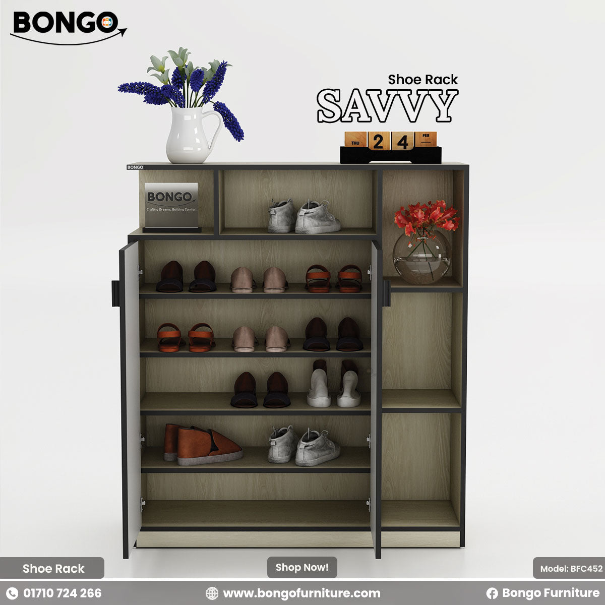 A product image of the "SAVVY Shoe Rack" by Bongo. The tall, modern cabinet has a Albino Color Board and features a large two-door compartment on the left and a column of open shelves on the right. The main doors are open, displaying four shelves filled with various pairs of shoes. The open shelves are styled with decorative items, including vases with flowers and a wooden block calendar.