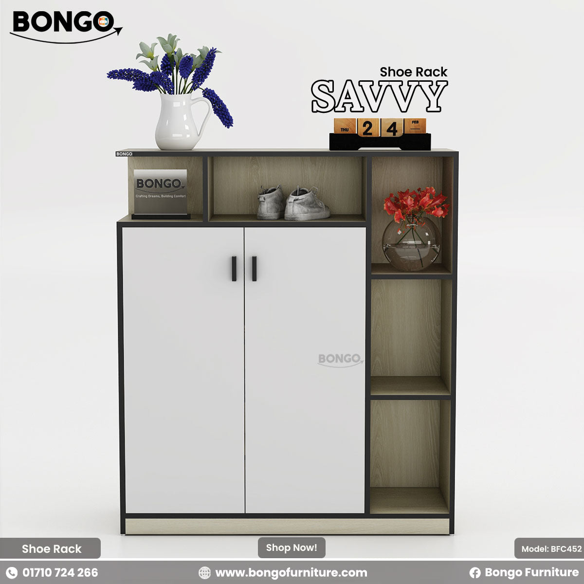 A product photo of a modern storage cabinet or console. The cabinet has a Albino color Water Resistant Strong Laminated Board frame, two central white doors with black trim and handles, and a column of three open shelves on the right. A long, open shelf runs across the top of the unit. The shelves are styled with decorative items, including a vase of purple flowers, a pair of sneakers, a wooden block calendar, and another small vase with red flowers. The brand name "BONGO" is visible on the unit.