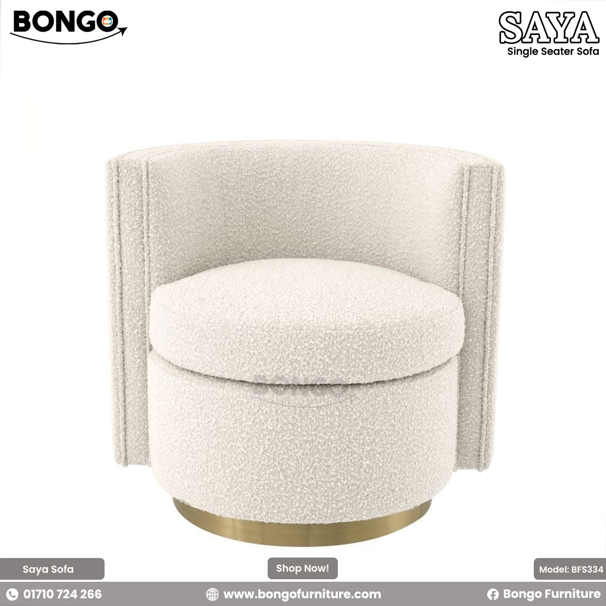 A promotional image of the 'SAYA Single Seater Sofa' from BONGO. The modern armchair is upholstered in a cream-colored boucle fabric and features a cylindrical base with a thick, round seat cushion. A distinct, curved backrest wraps around the chair, and the entire piece sits on a recessed, brushed gold base.