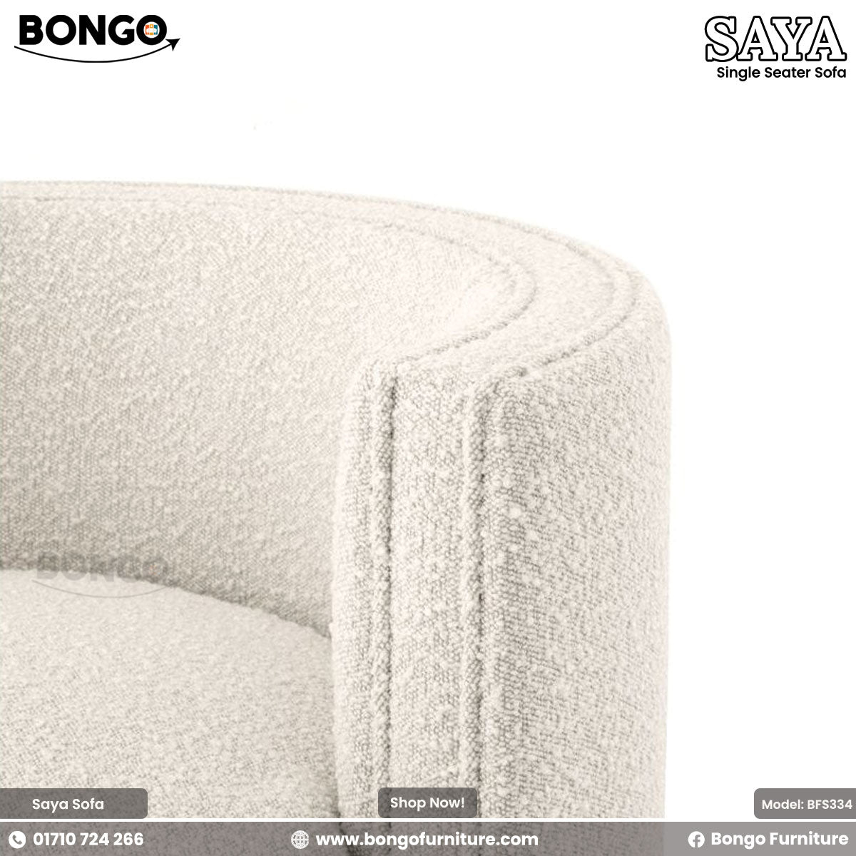 A close-up promotional image for the 'MIMASA Single Seater Sofa' from BONGO. The shot focuses on the rich, nubby texture of the off-white boucle upholstery and highlights the soft, curved corner of the chair's backrest.
