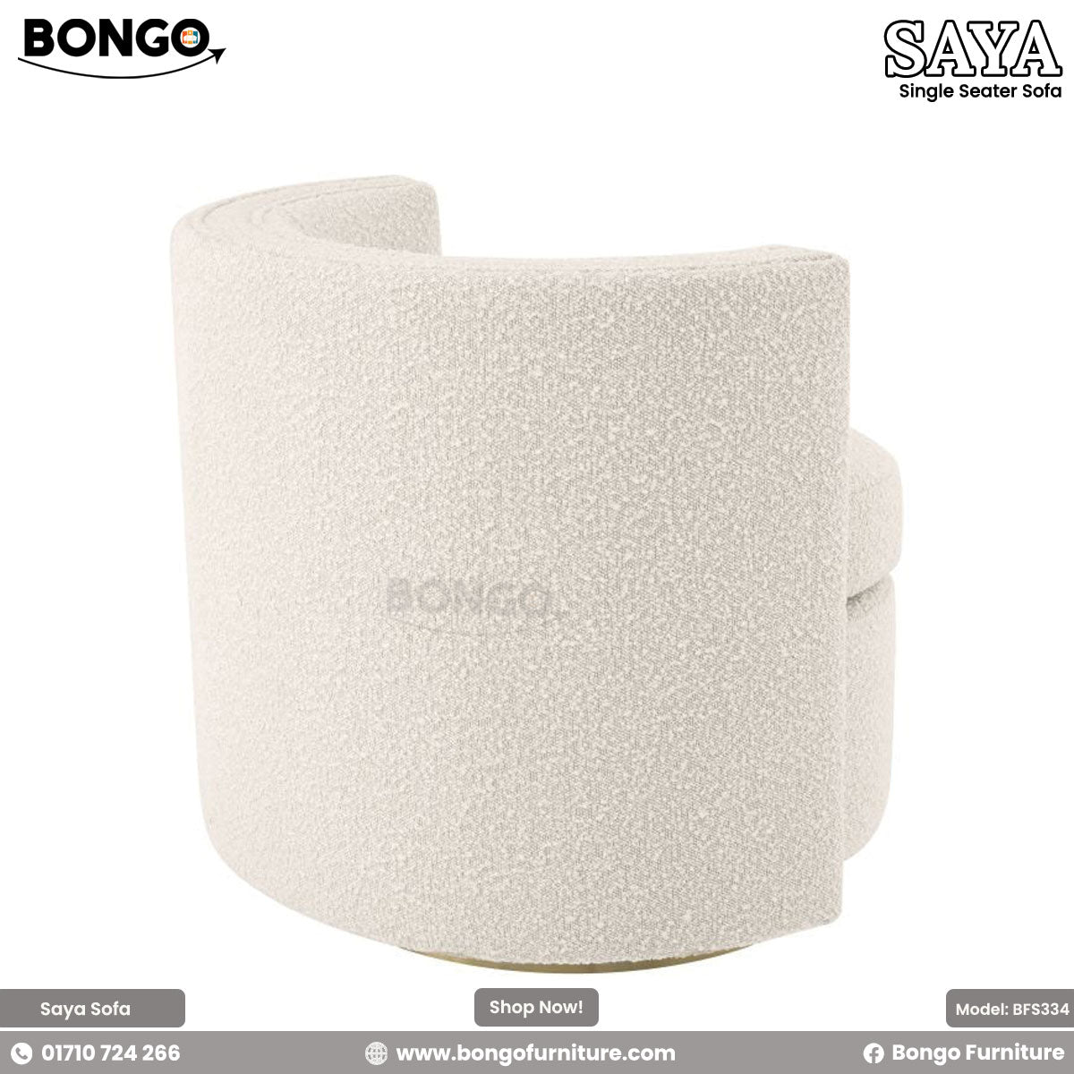 A promotional image of the 'SAYA Single Seater Sofa' from BONGO. The modern armchair is upholstered in a cream-colored boucle fabric and features a cylindrical base with a thick, round seat cushion. A distinct, curved backrest wraps around the chair, and the entire piece sits on a recessed, brushed gold base.