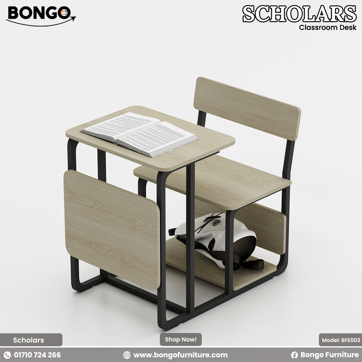 A modern student desk and chair set with a minimalist design, shown from a high angle. Both pieces feature a light Water Resistant Strong Laminated Board finish on the surfaces and a matte black metal frame. The desk has a rectangular top with a small, foldable side leaf, and the matching chair has a simple seat and backrest.