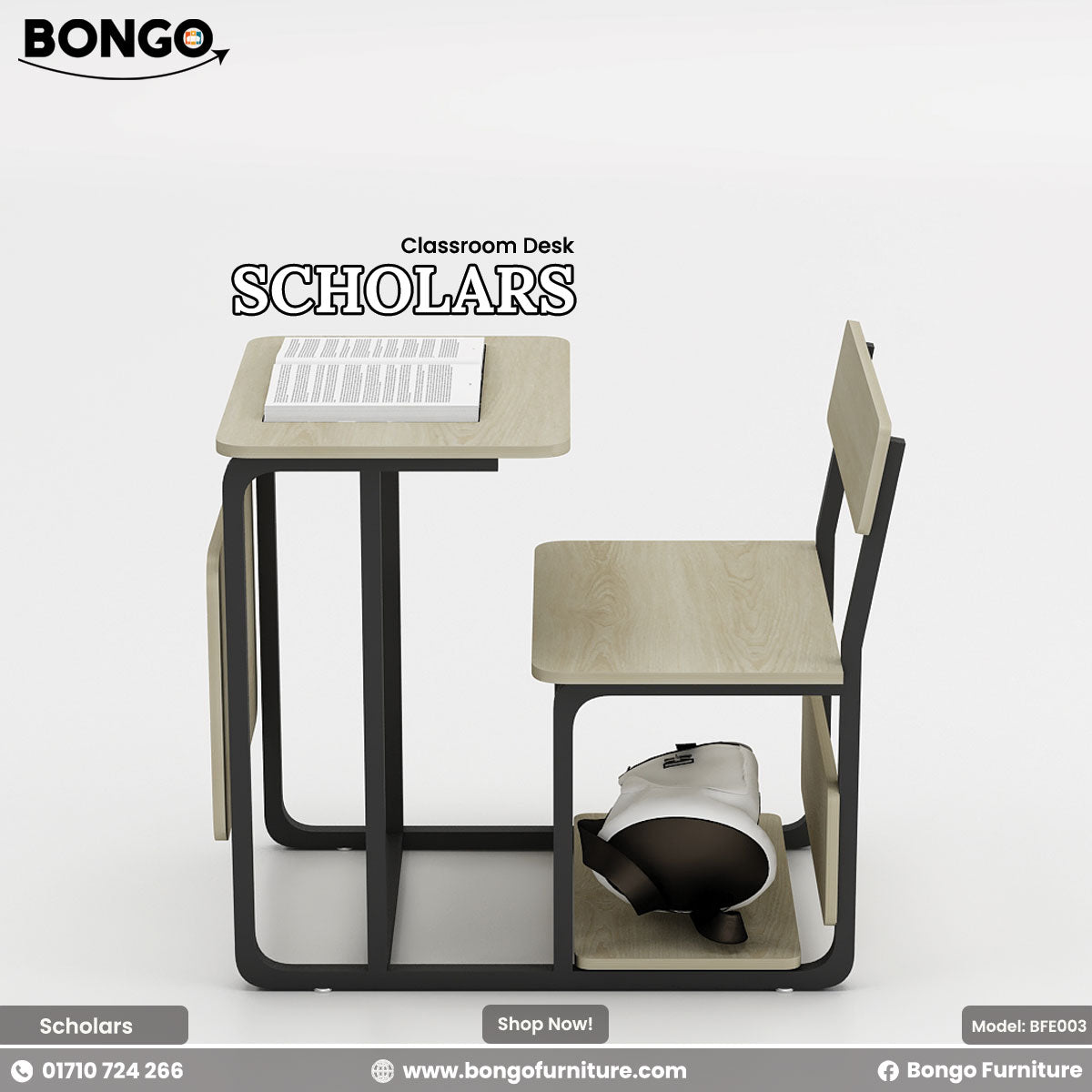 A modern student desk and chair set with a minimalist design, shown from a high angle. Both pieces feature a light Water Resistant Strong Laminated Board finish on the surfaces and a matte black metal frame. The desk has a rectangular top with a small, foldable side leaf, and the matching chair has a simple seat and backrest.