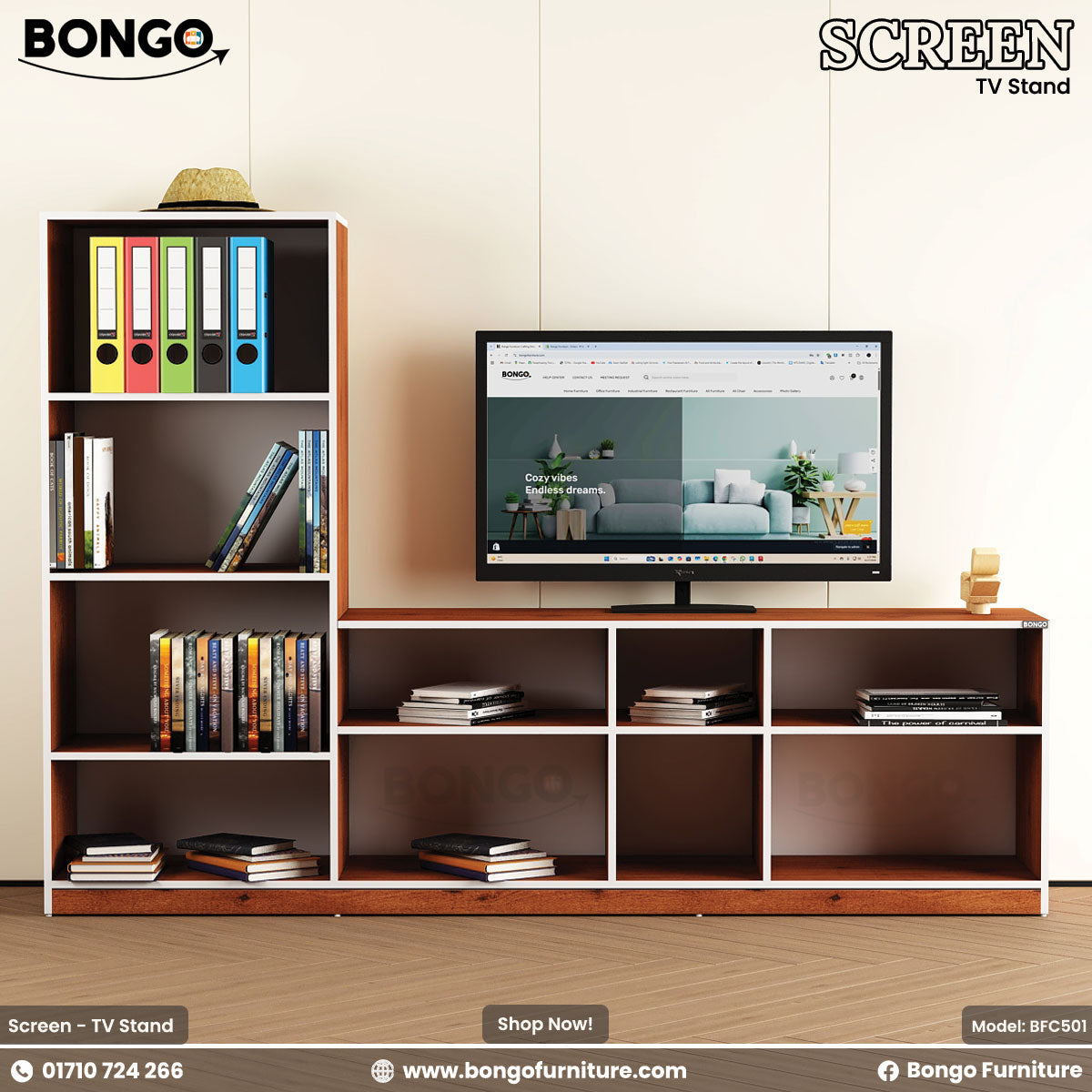A brown Water Resistant Strong Laminated Board TV stand with multiple shelves, featuring a flat-screen TV on top, books, and decorative items.