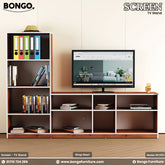 A brown Water Resistant Strong Laminated Board TV stand with multiple shelves, featuring a flat-screen TV on top, books, and decorative items.