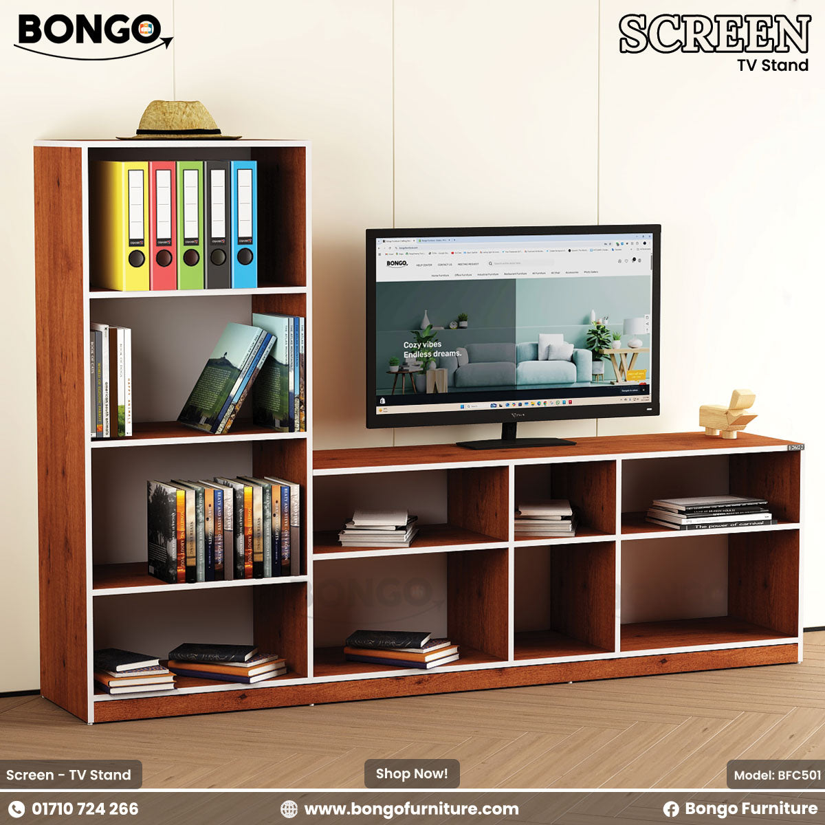 A brown Water Resistant Strong Laminated Board TV stand with multiple shelves, featuring a flat-screen TV on top, books, and decorative items.