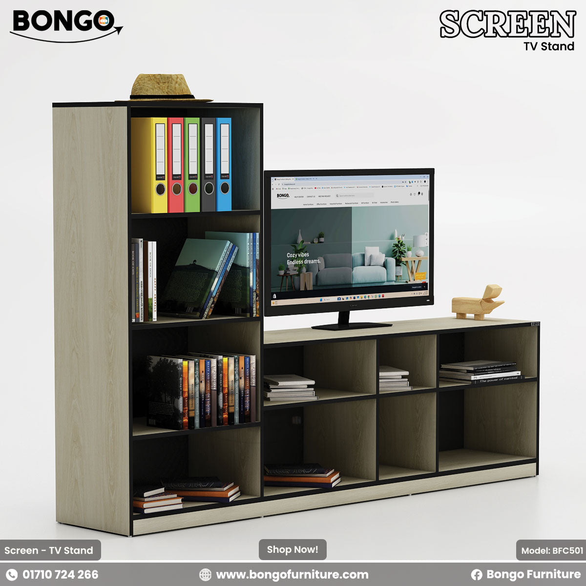 A brown Water Resistant Strong Laminated Board TV stand with multiple shelves, featuring a flat-screen TV on top, books, and decorative items.