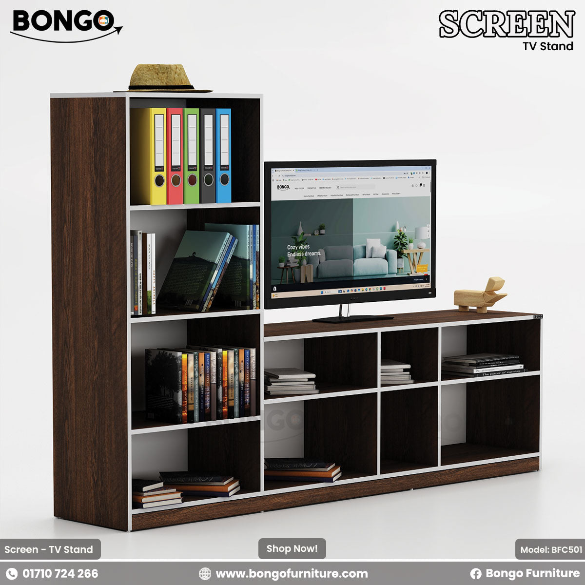A brown Water Resistant Strong Laminated Board TV stand with multiple shelves, featuring a flat-screen TV on top, books, and decorative items.