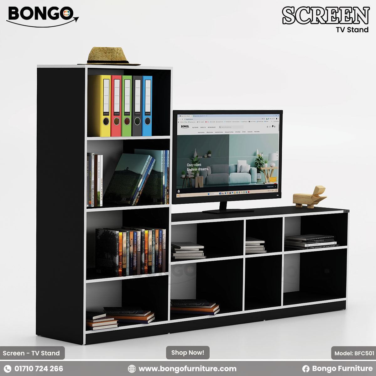 A brown Water Resistant Strong Laminated Board TV stand with multiple shelves, featuring a flat-screen TV on top, books, and decorative items.