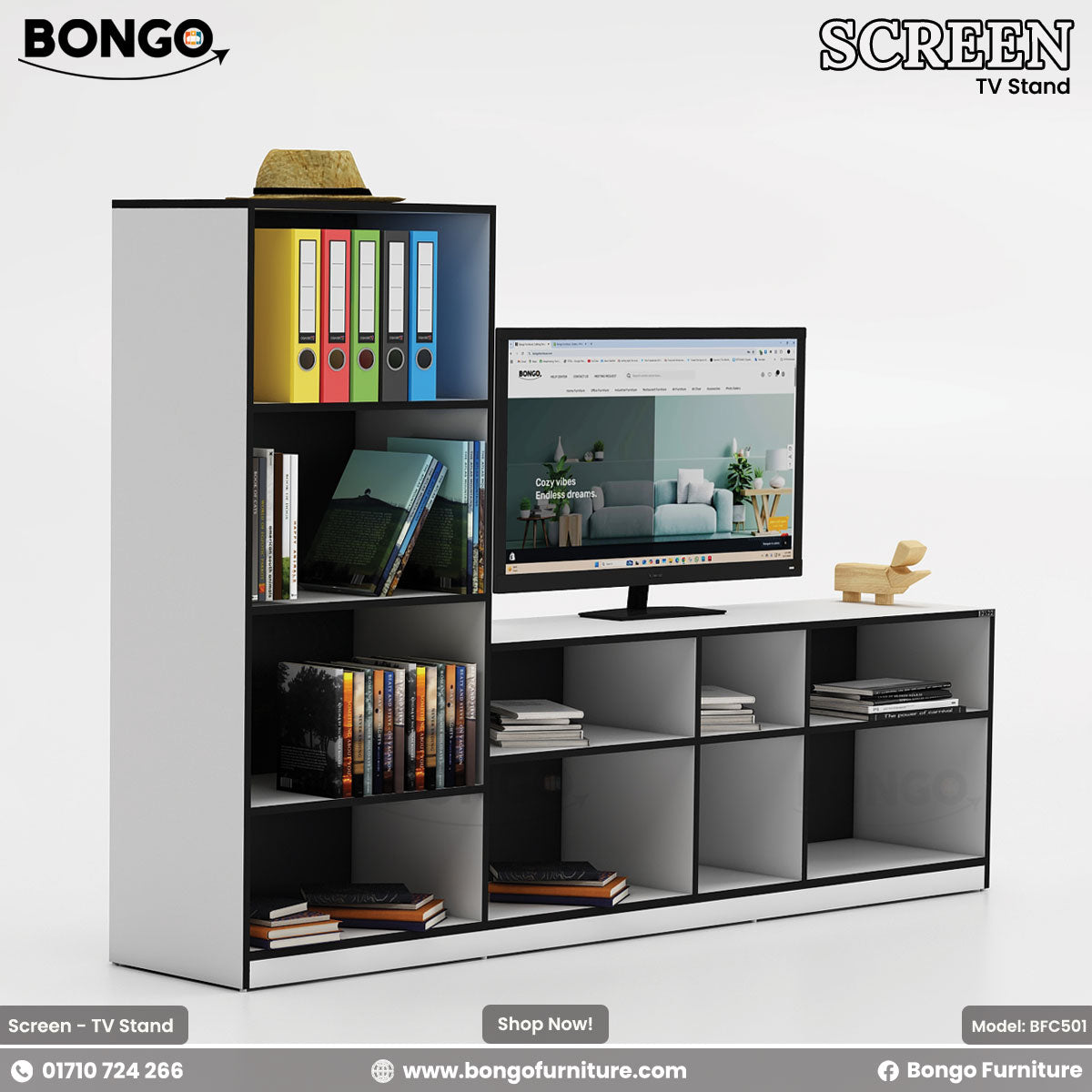 A brown Water Resistant Strong Laminated Board TV stand with multiple shelves, featuring a flat-screen TV on top, books, and decorative items.