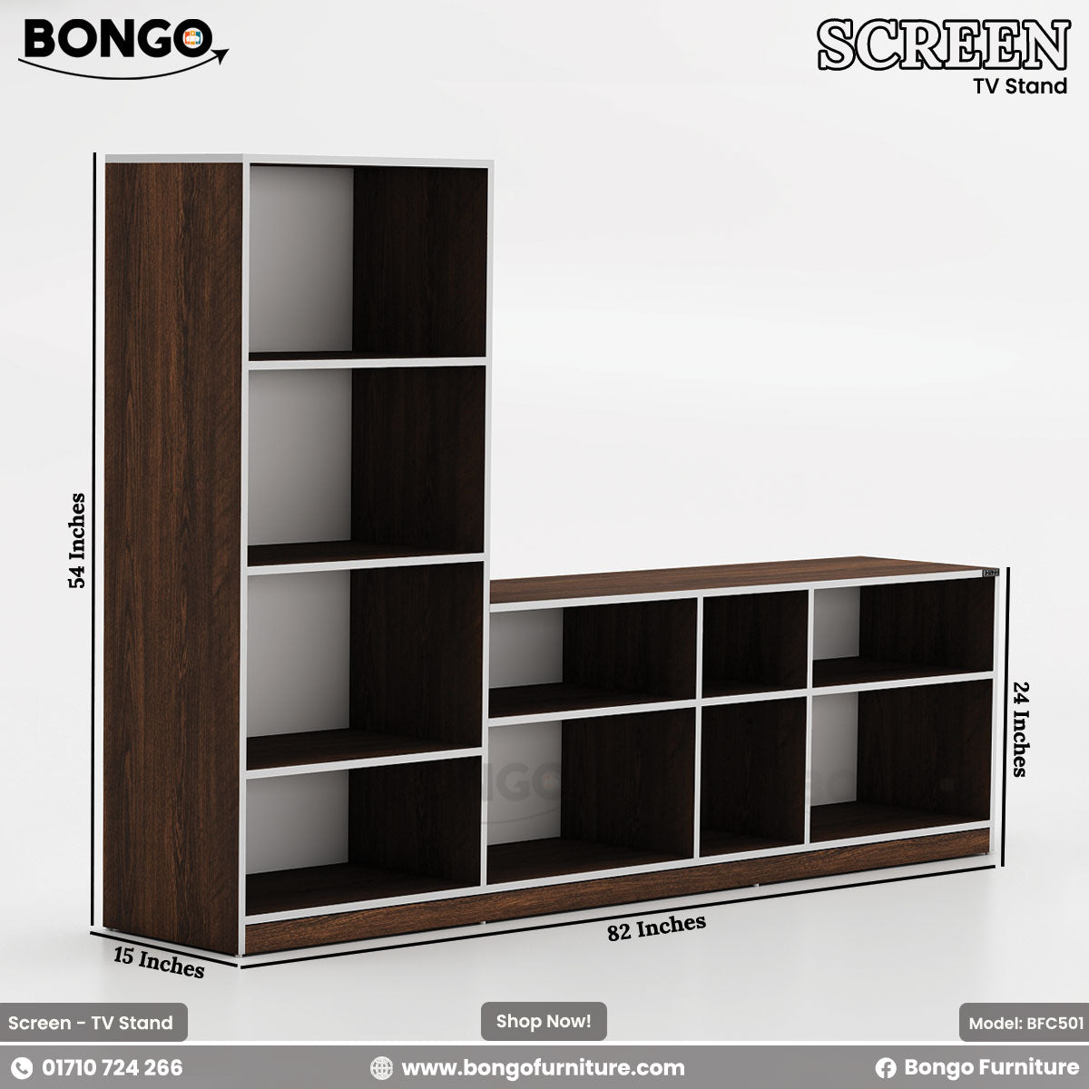 A promotional image of the 'SCREEN TV Stand' from BONGO, an L-shaped entertainment center. The unit combines a dark Water Resistant Strong Laminated Board exterior with a white interior and features a tall shelving tower on the left and a long, low console on the right. Both sections are made up of open cubbies. Dimension labels indicate the overall measurements: 54 inches high and 15 inches deep for the tower, and 82 inches long and 24 inches high for the console.