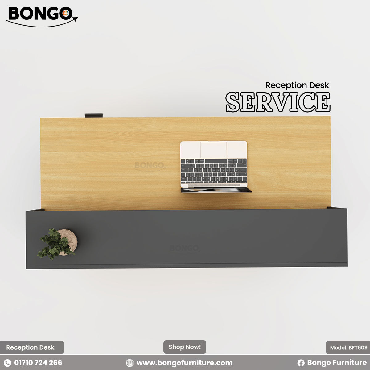 Reception desk with wooden top and gray base, featuring a laptop on a white background.