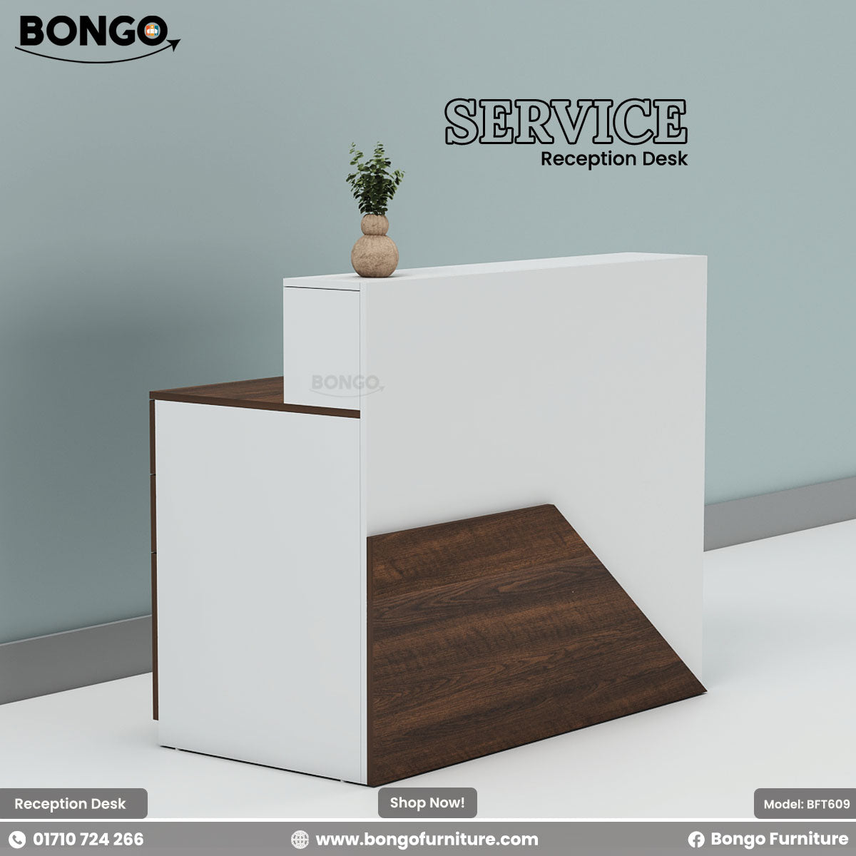 White and Antic reception desk with a plant on a gray background, featuring Bongo Furniture branding.