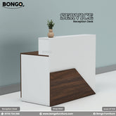 White and Antic reception desk with a plant on a gray background, featuring Bongo Furniture branding.