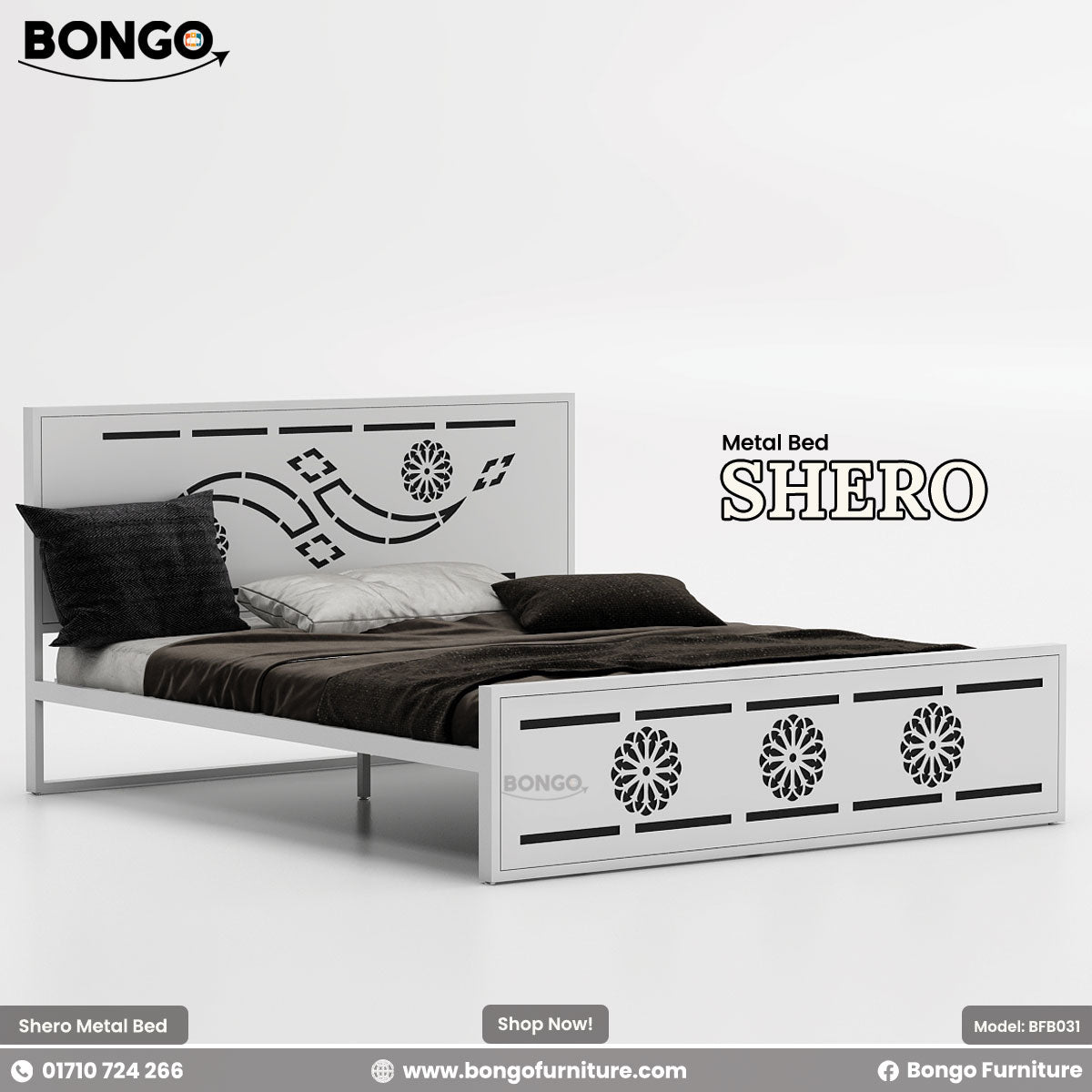 A product photo of the "SHERO Metal Bed" by Bongo Furniture. The white bed frame has a large Metal with a central laser-cut design and a footboard decorated with three matching circular, mandala-like cutouts.