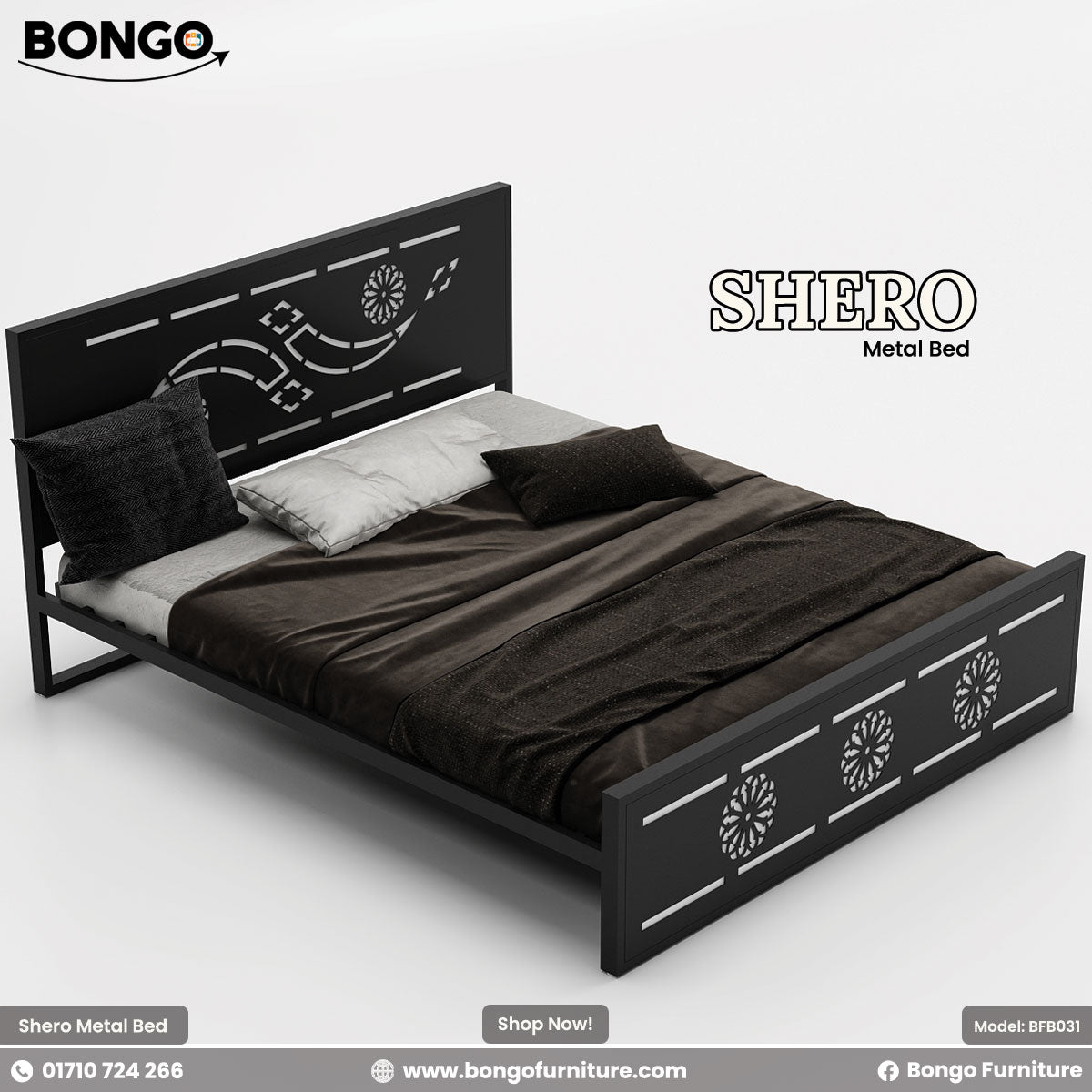 A product photo of the "SHERO Metal Bed" by Bongo Furniture. The black bed frame has a large Metal with a central laser-cut design and a footboard decorated with three matching circular, mandala-like cutouts.