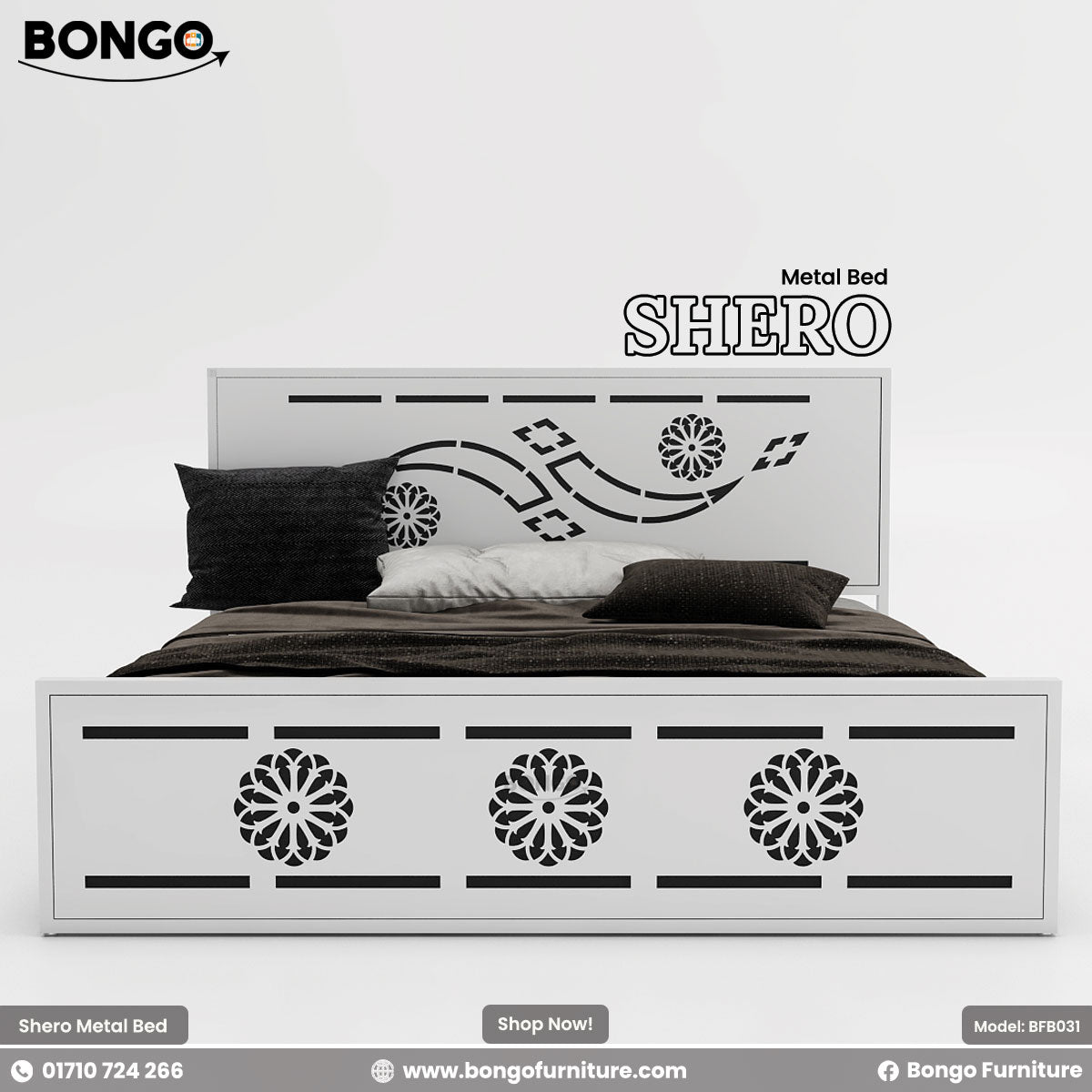 A product photo of the "SHERO Metal Bed" by Bongo Furniture. The white bed frame has a large metal with a central laser-cut design and a footboard decorated with three matching circular, mandala-like cutouts.