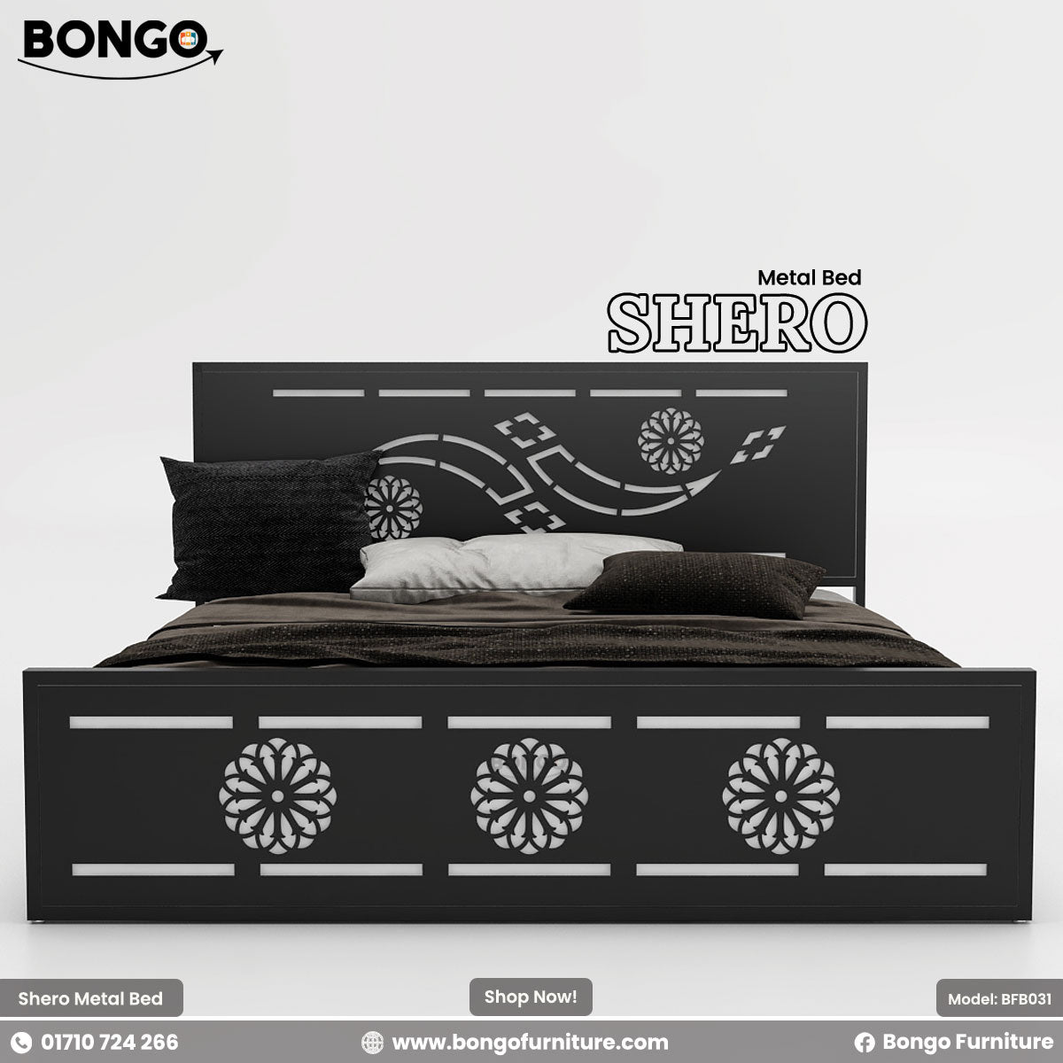 A product photo of the "SHERO Metal Bed" by Bongo Furniture. The Black bed frame has a large metal with a central laser-cut design and a footboard decorated with three matching circular, mandala-like cutouts.