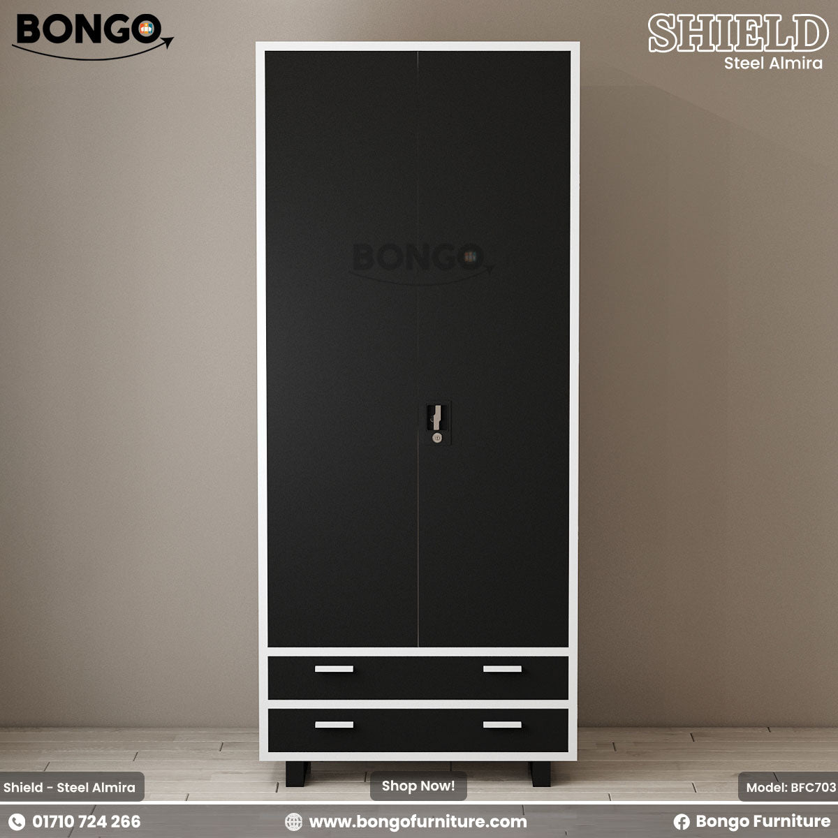 A black and white steel almirah with two doors and drawers, with the BONGO furniture brand visible.
