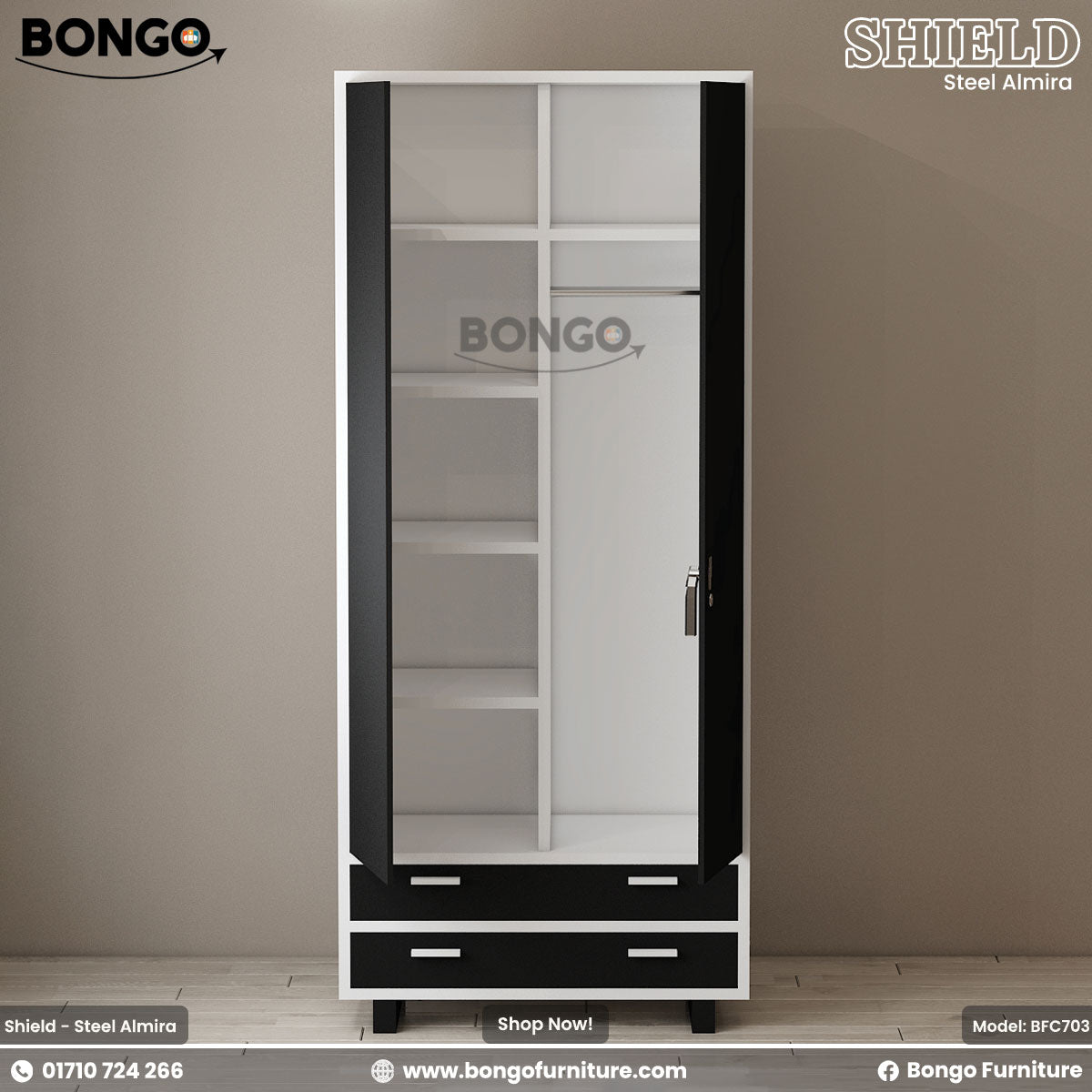 A black and white steel almirah with two doors and drawers, with the BONGO furniture brand visible.