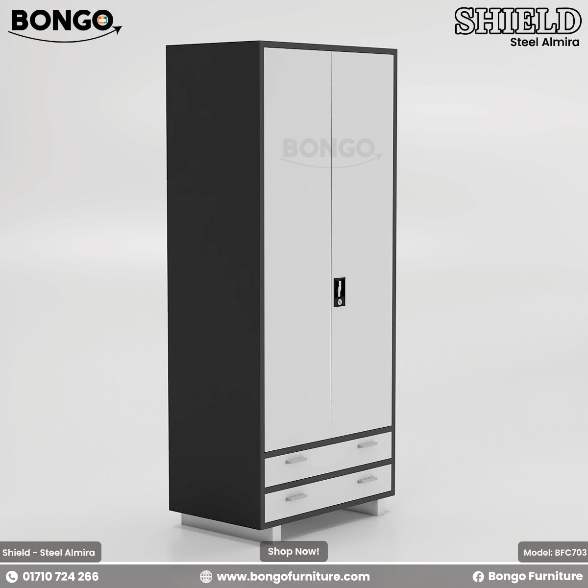 A black and white steel almirah with two doors and drawers, with the BONGO furniture brand visible.