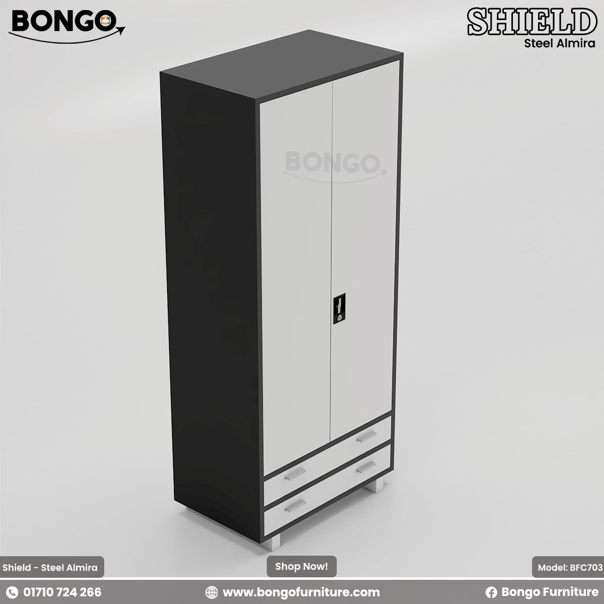 A black and white steel almirah with two doors and drawers, with the BONGO furniture brand visible.