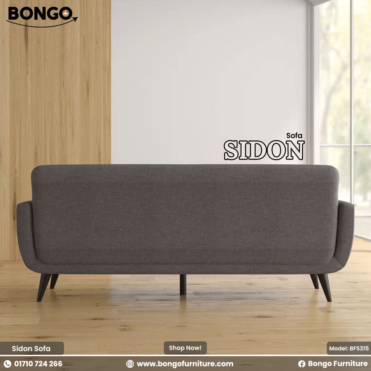 Gray sofa labeled 'SIDON' with Bongo Furniture branding in a modern room.