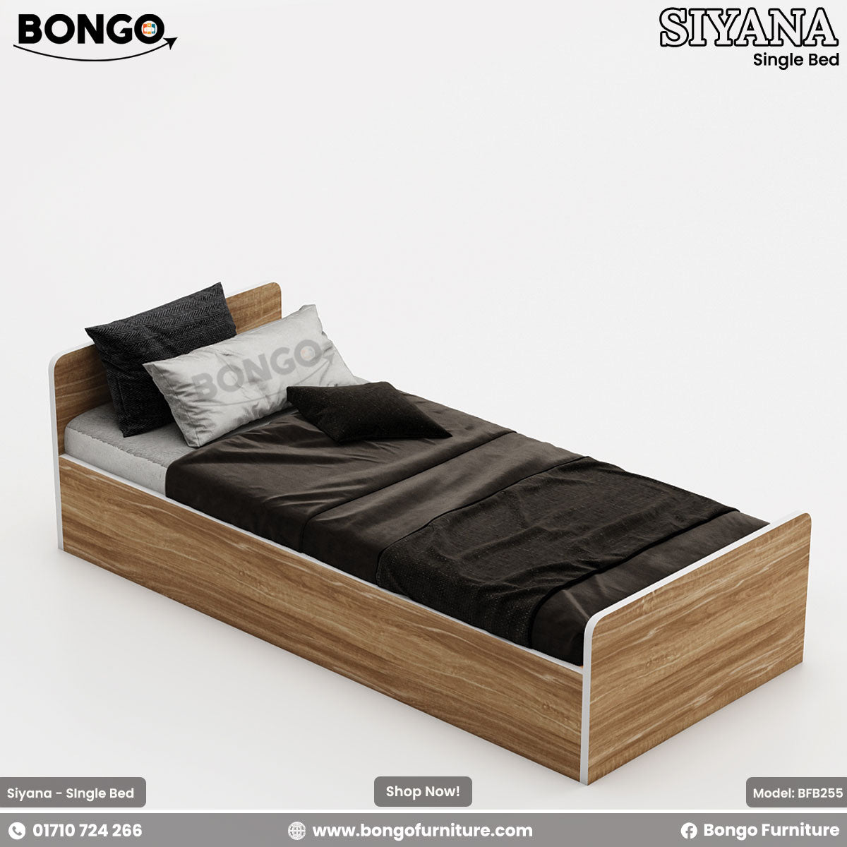 A single bed with brown Water Resistant Strong Laminated Board headboard and footboard, featuring gray bedding and pillows, placed against a white wall with a decorative picture above it.