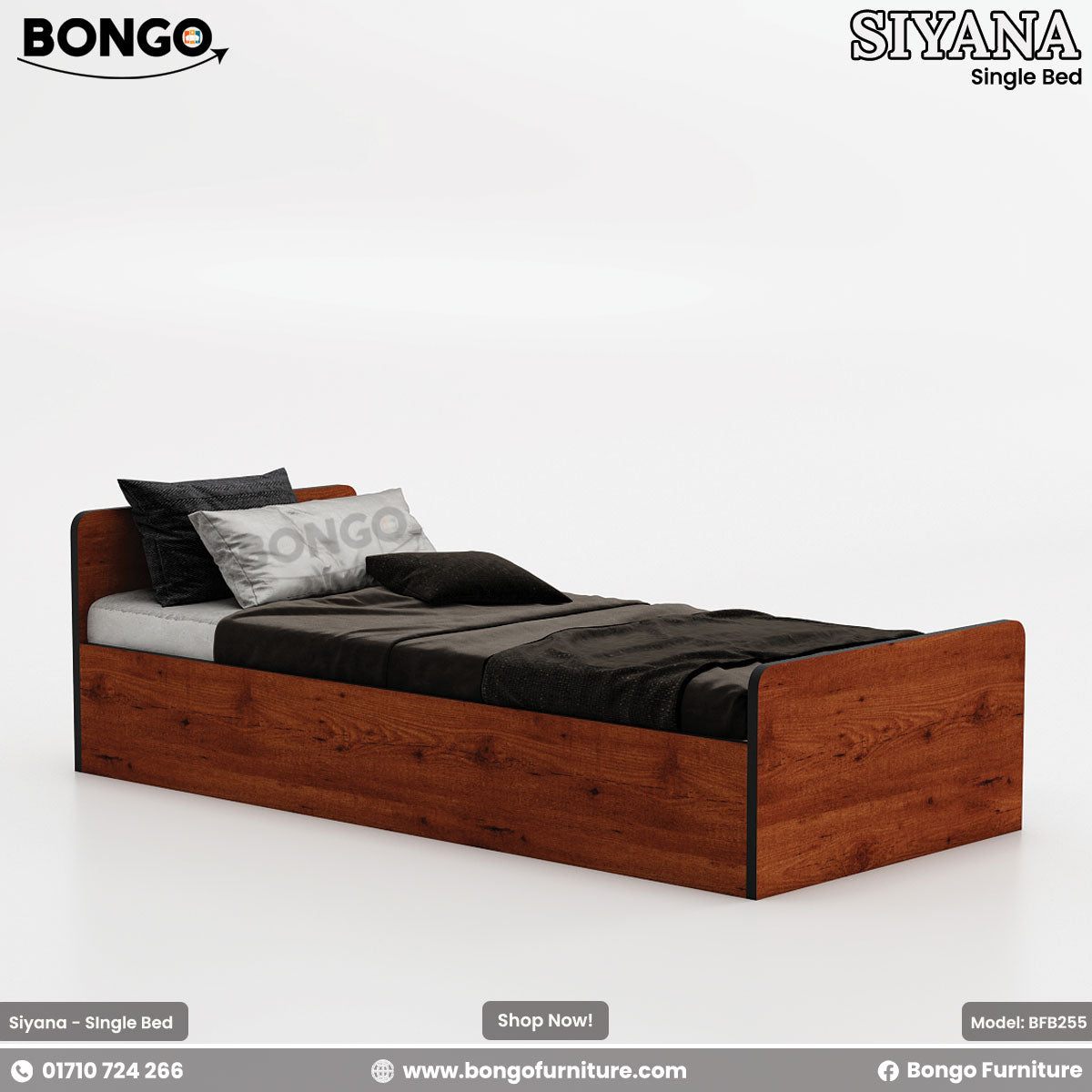 A single bed with brown Water Resistant Strong Laminated Board headboard and footboard, featuring gray bedding and pillows, placed against a white wall with a decorative picture above it.