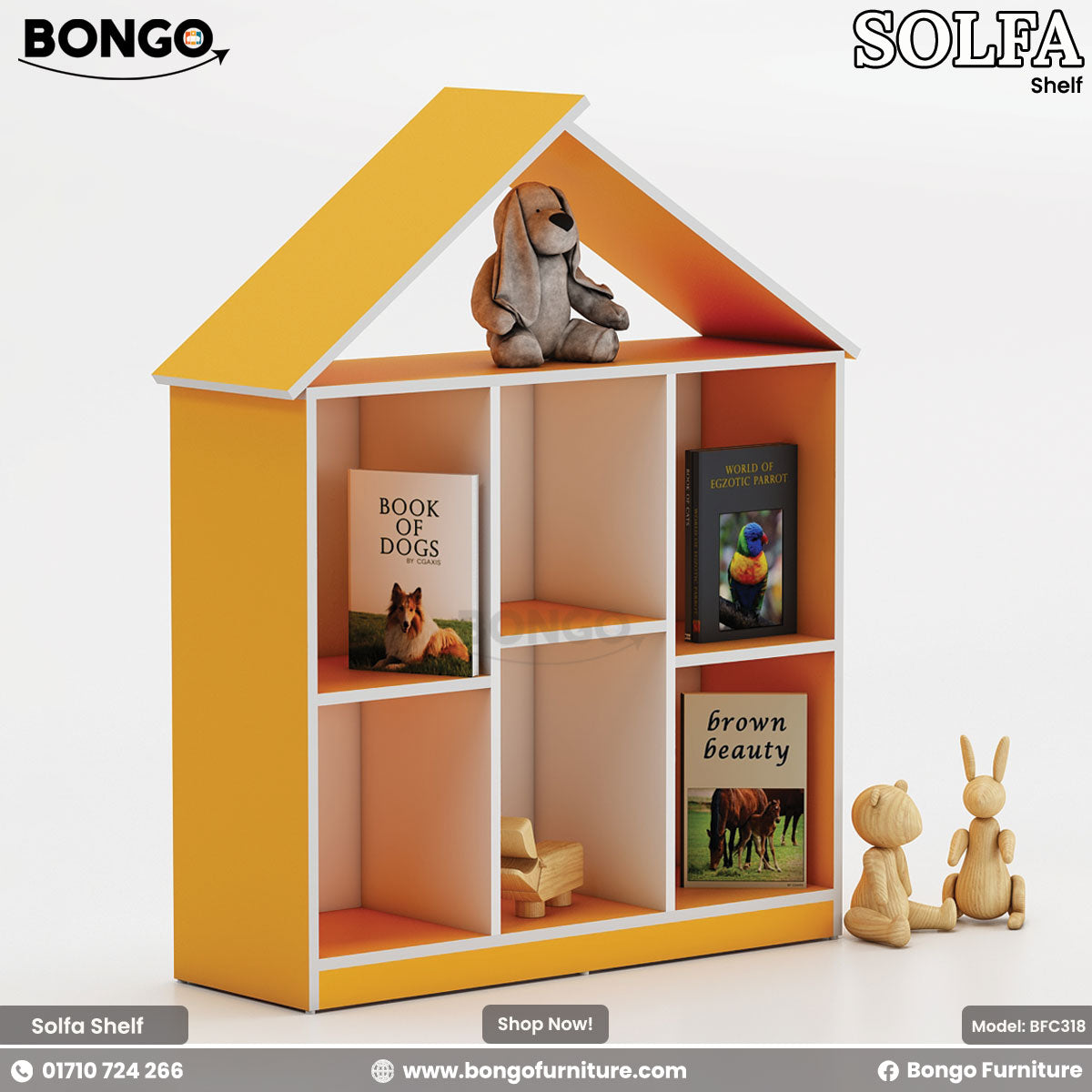 A children's bookshelf shaped like a house, featuring a light Water Resistant Strong Laminated Board frame and a black interior. The bookcase has six square cubbies for storage and is topped with a simple gabled roof outline. It is shown styled with children's books, a stuffed dog on top, and wooden toys.