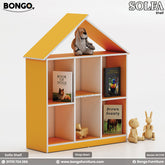 A children's bookshelf shaped like a house, featuring a light Water Resistant Strong Laminated Board frame and a black interior. The bookcase has six square cubbies for storage and is topped with a simple gabled roof outline. It is shown styled with children's books, a stuffed dog on top, and wooden toys.