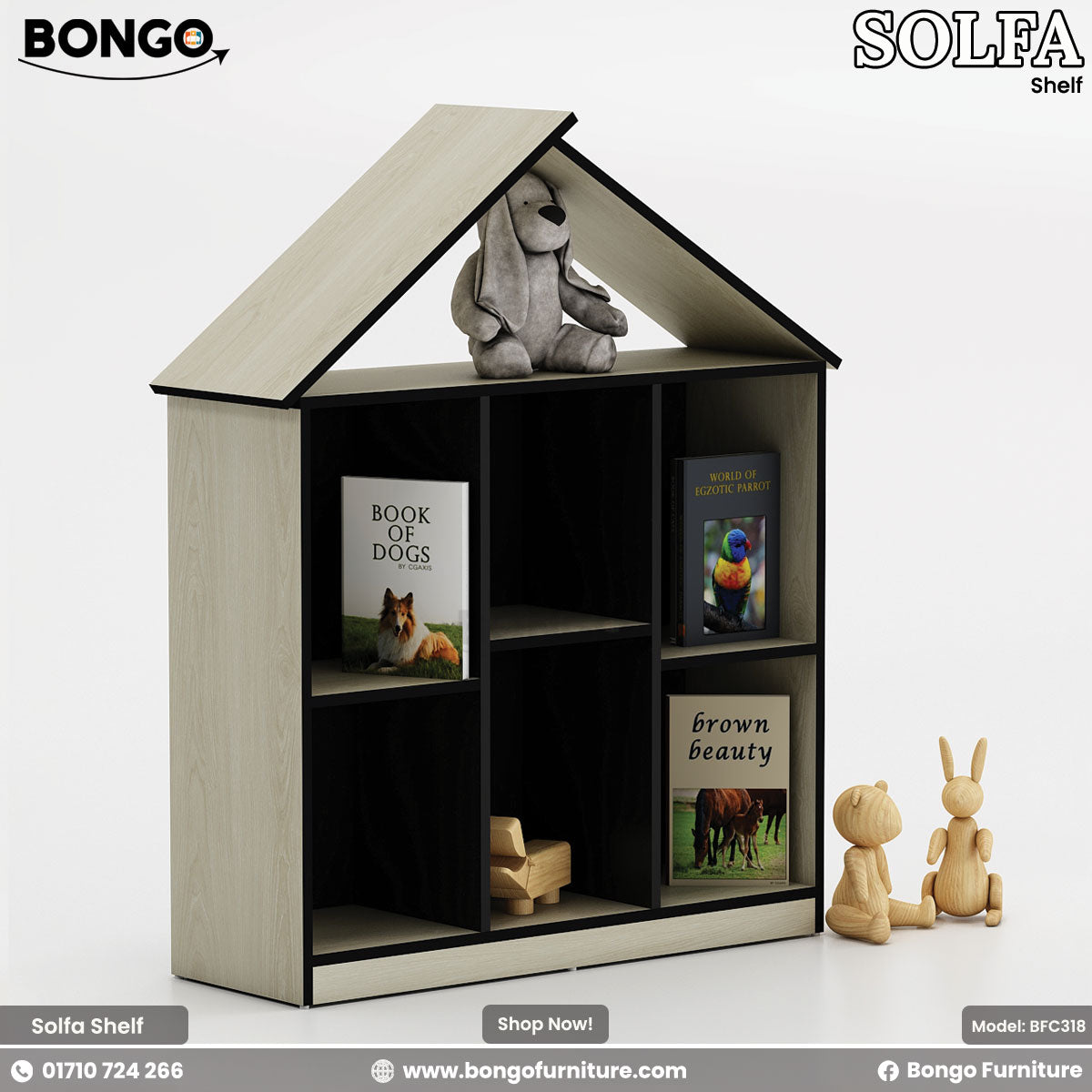 A children's bookshelf shaped like a house, featuring a light Water Resistant Strong Laminated Board frame and a black interior. The bookcase has six square cubbies for storage and is topped with a simple gabled roof outline. It is shown styled with children's books, a stuffed dog on top, and wooden toys.