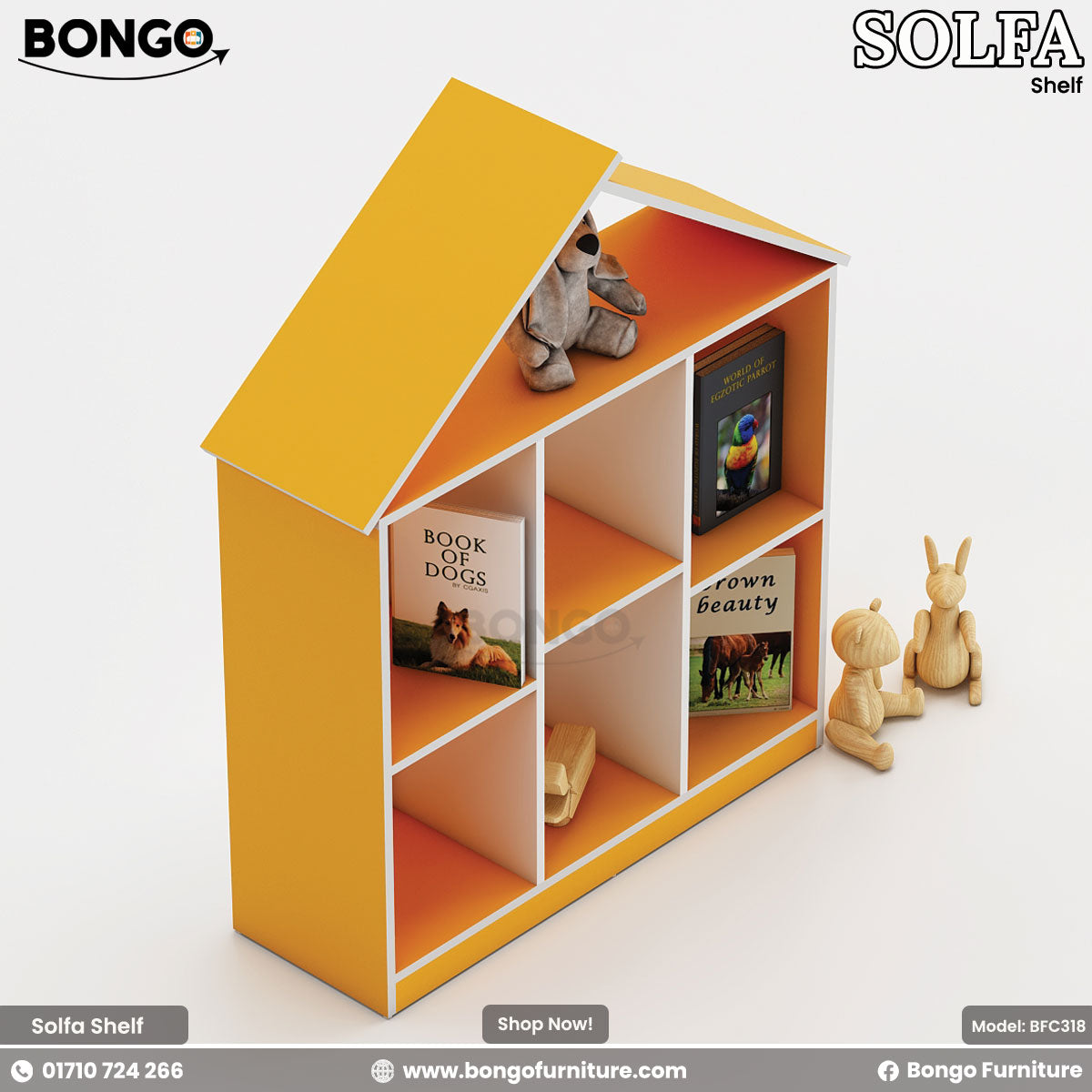 A children's bookshelf shaped like a house, featuring a light Water Resistant Strong Laminated Board frame and a black interior. The bookcase has six square cubbies for storage and is topped with a simple gabled roof outline. It is shown styled with children's books, a stuffed dog on top, and wooden toys.