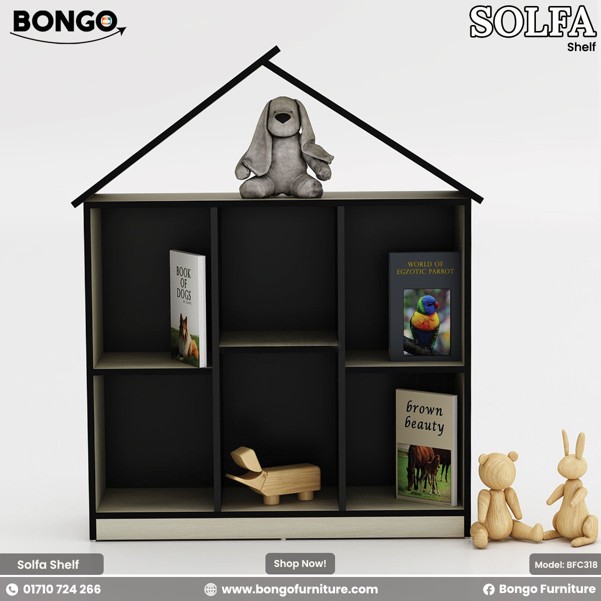 A children's bookshelf shaped like a house, featuring a light Water Resistant Strong Laminated Board frame and a black interior. The bookcase has six square cubbies for storage and is topped with a simple gabled roof outline. It is shown styled with children's books, a stuffed dog on top, and wooden toys.